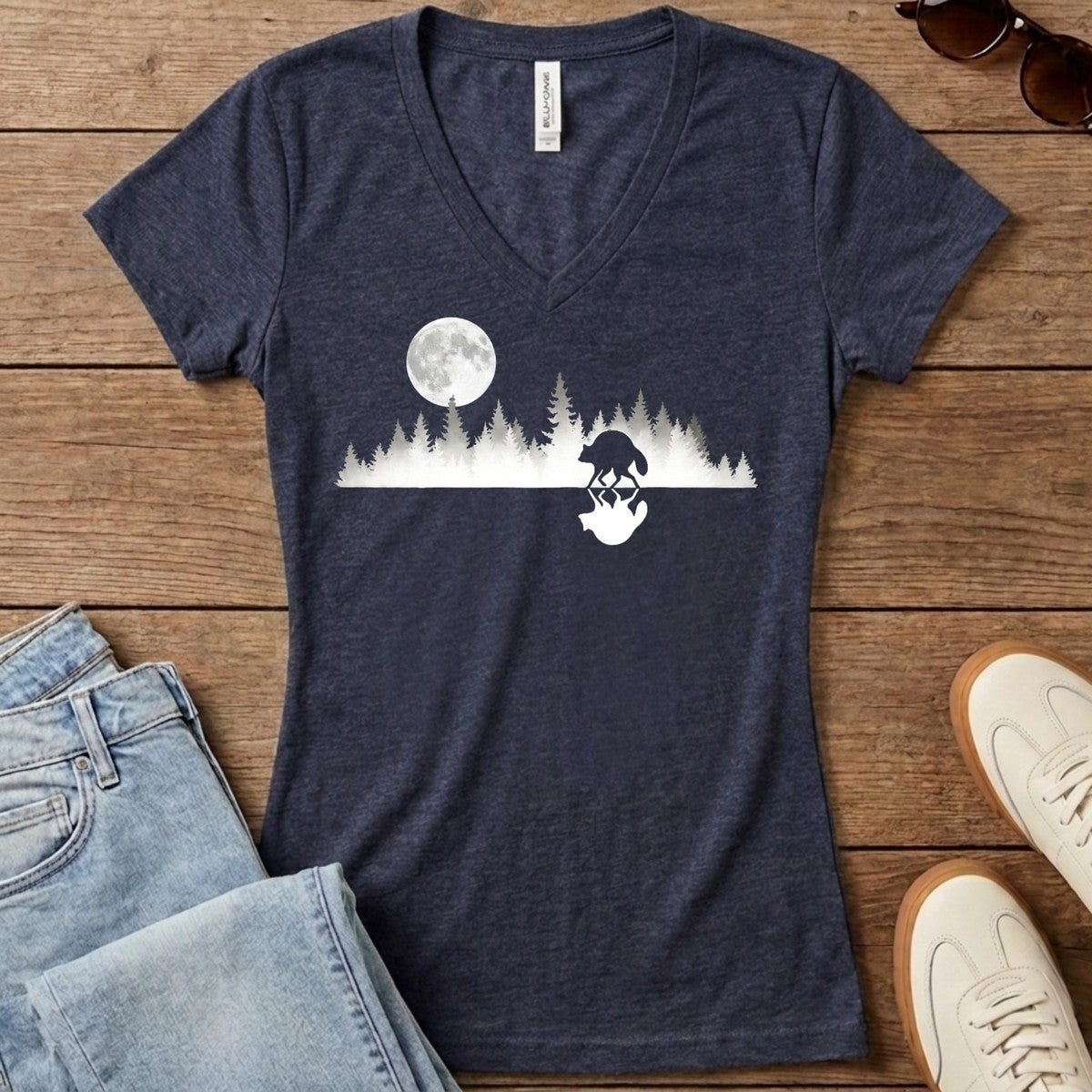 Mirrored Moon Women's V-Neck - Heather Navy