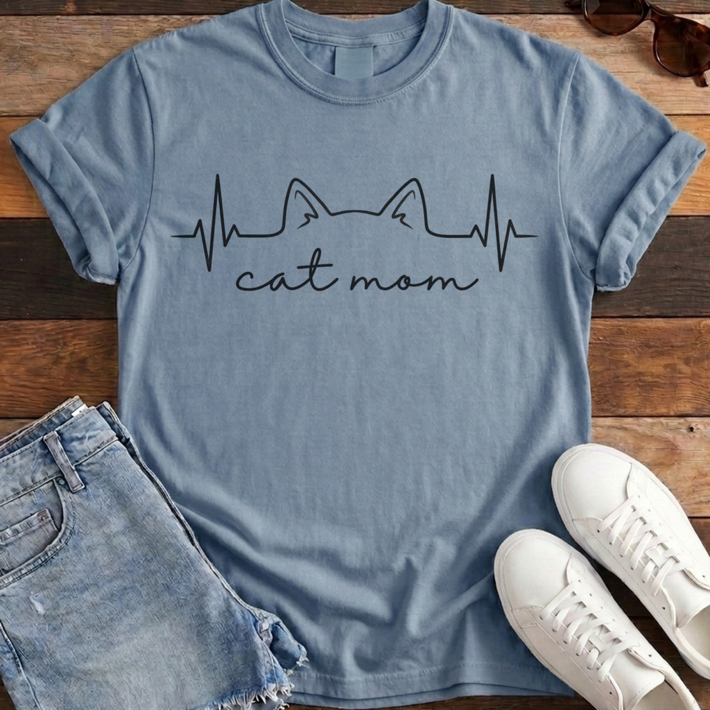 Cat Mom Heartbeat Tee - Blue Jean