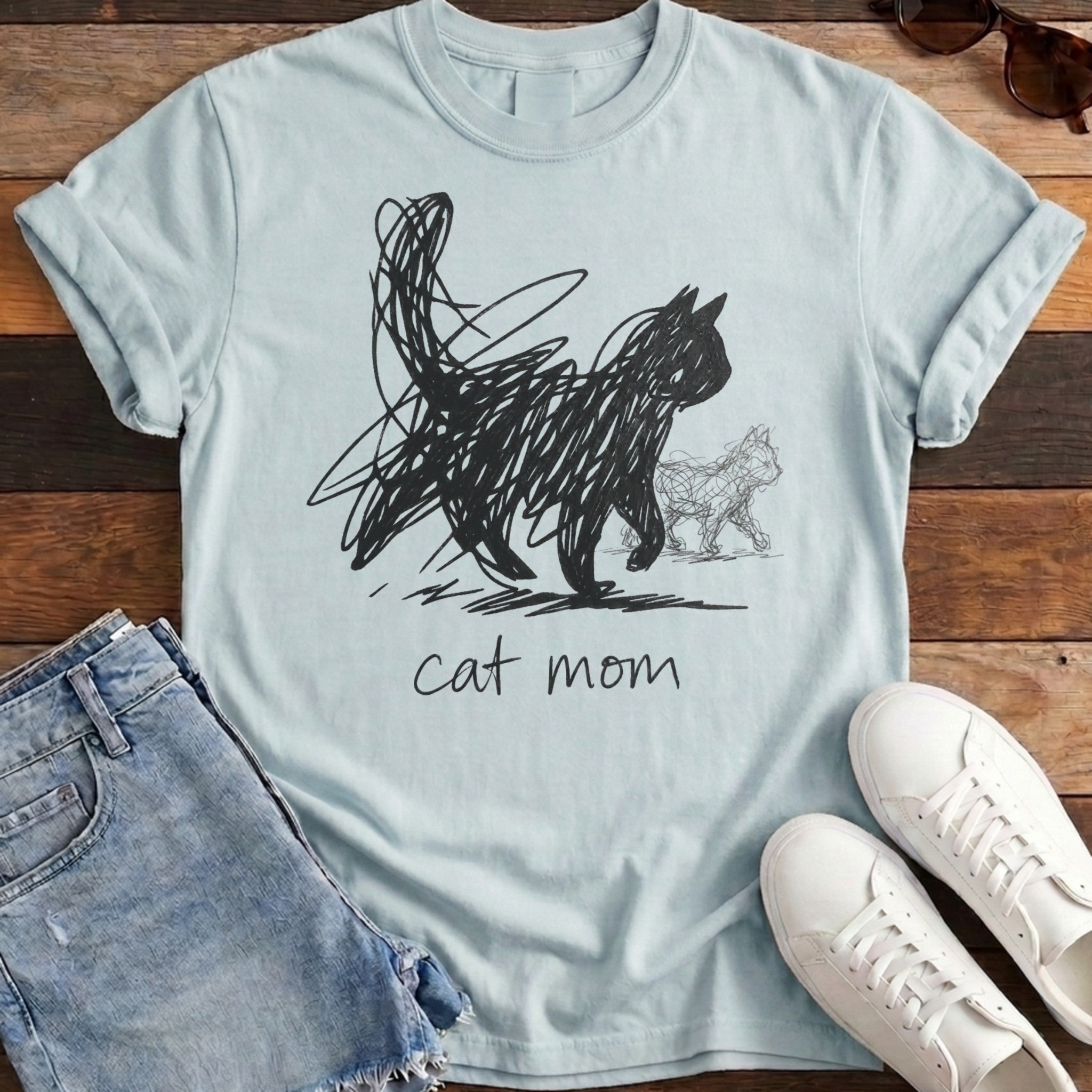 Cat Mom Scribble Tee - Chambray