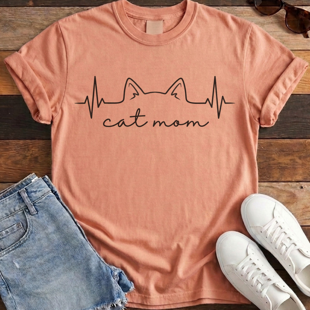 Cat Mom Heartbeat Tee - Terracotta