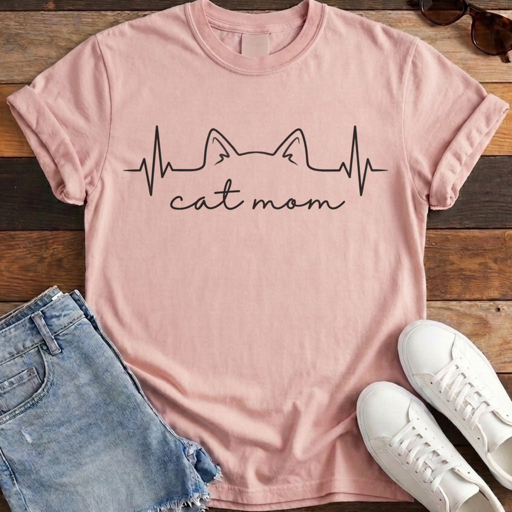 Cat Mom Heartbeat Tee - Blossom