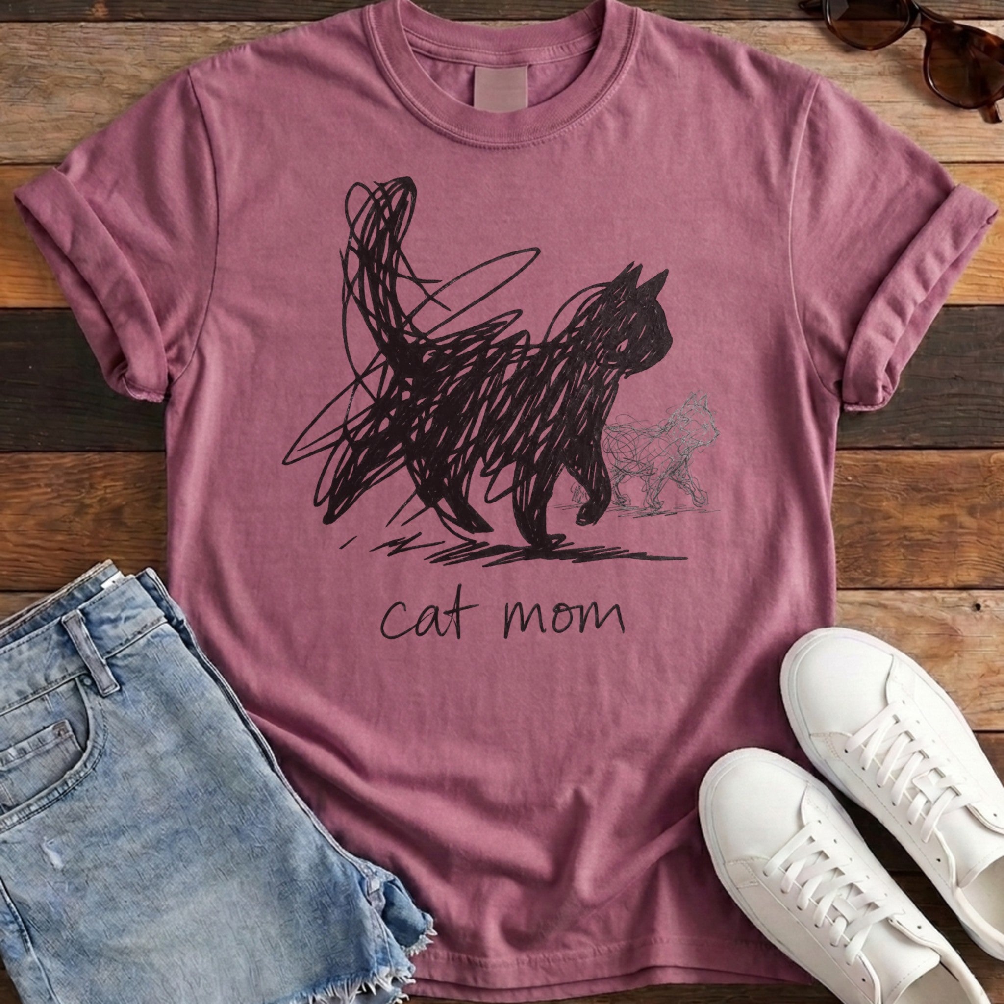 Cat Mom Scribble Tee - Berry