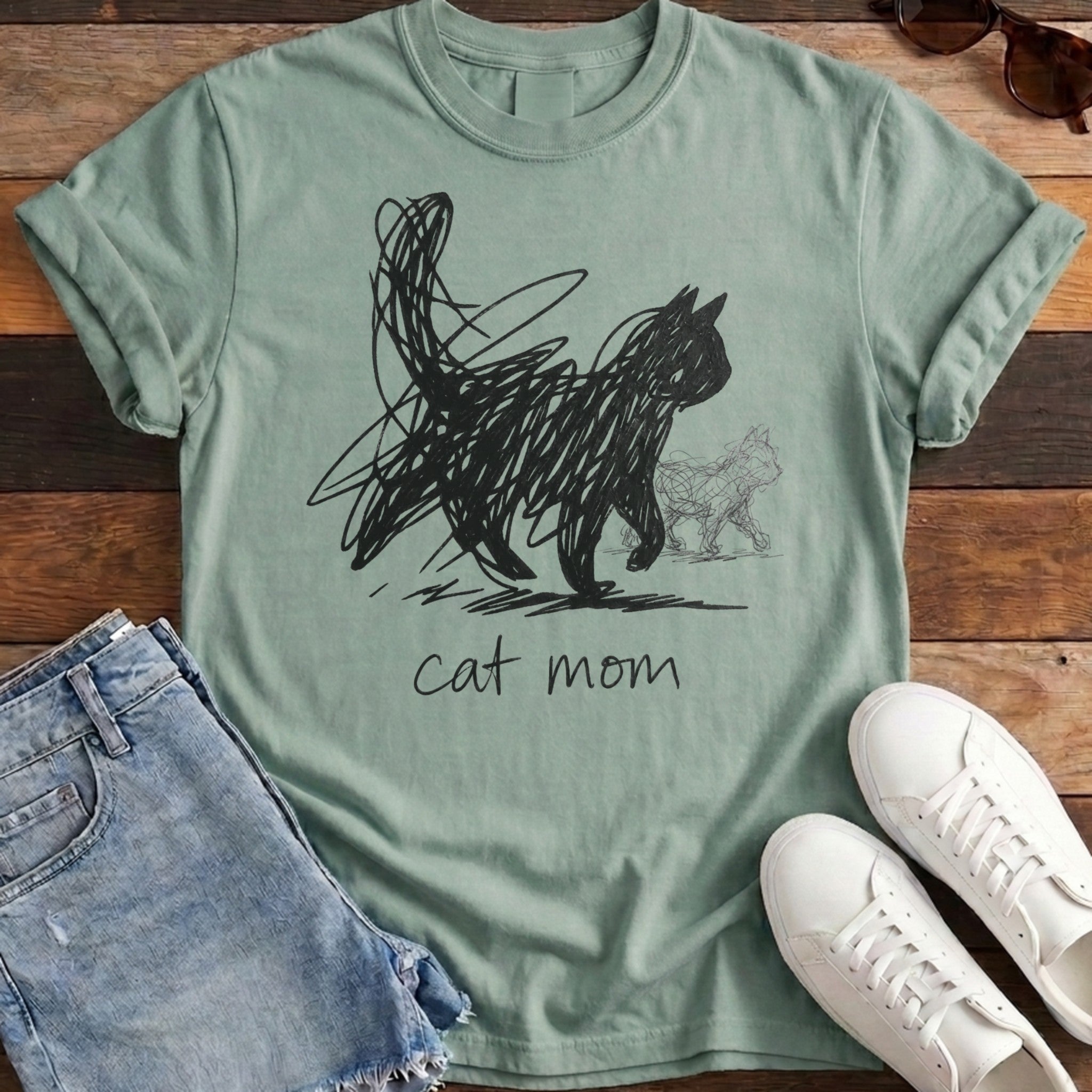 Cat Mom Scribble Tee - Bay