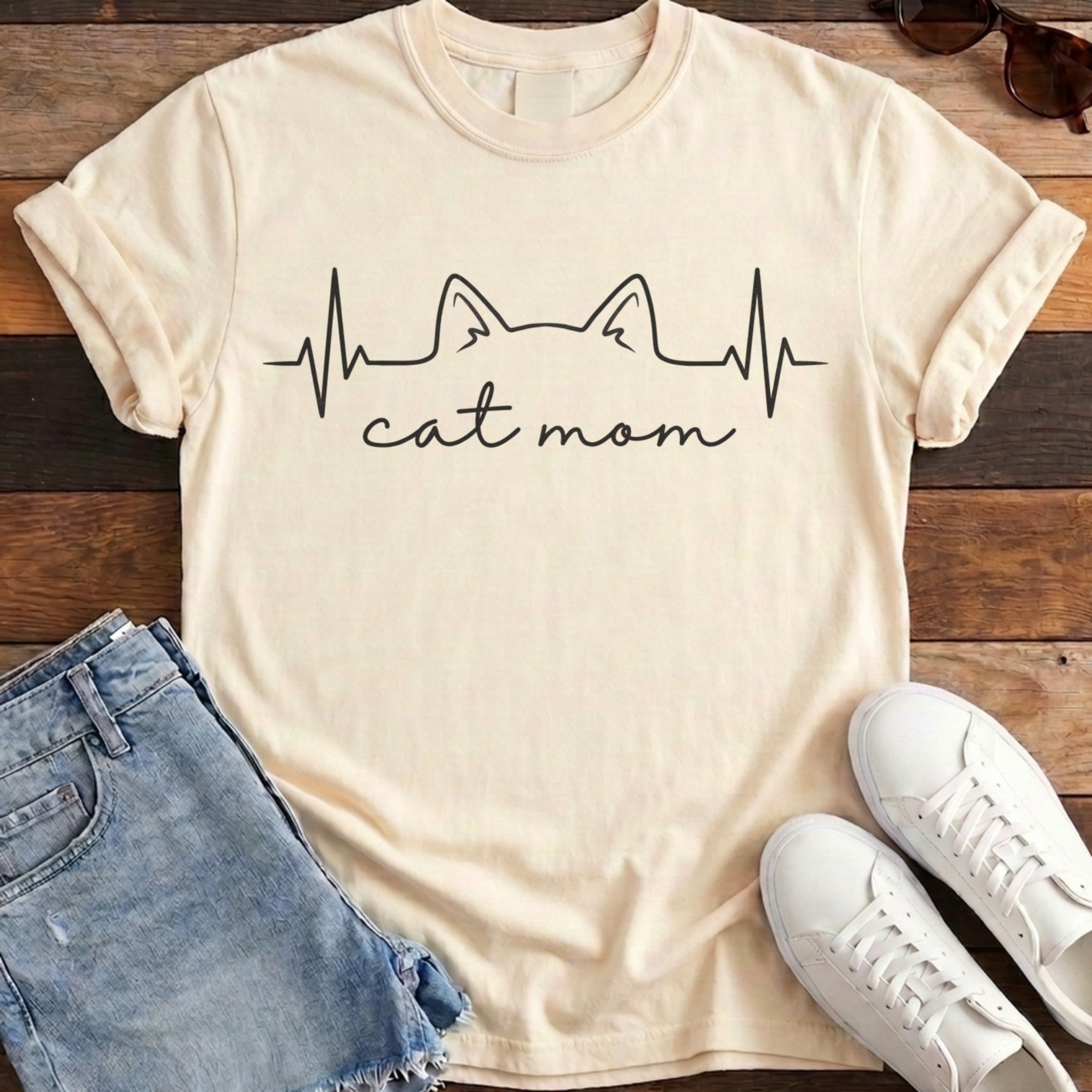 Cat Mom Heartbeat Tee - Ivory