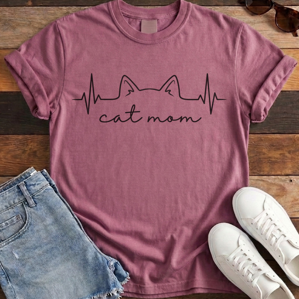 Cat Mom Heartbeat Tee - Berry