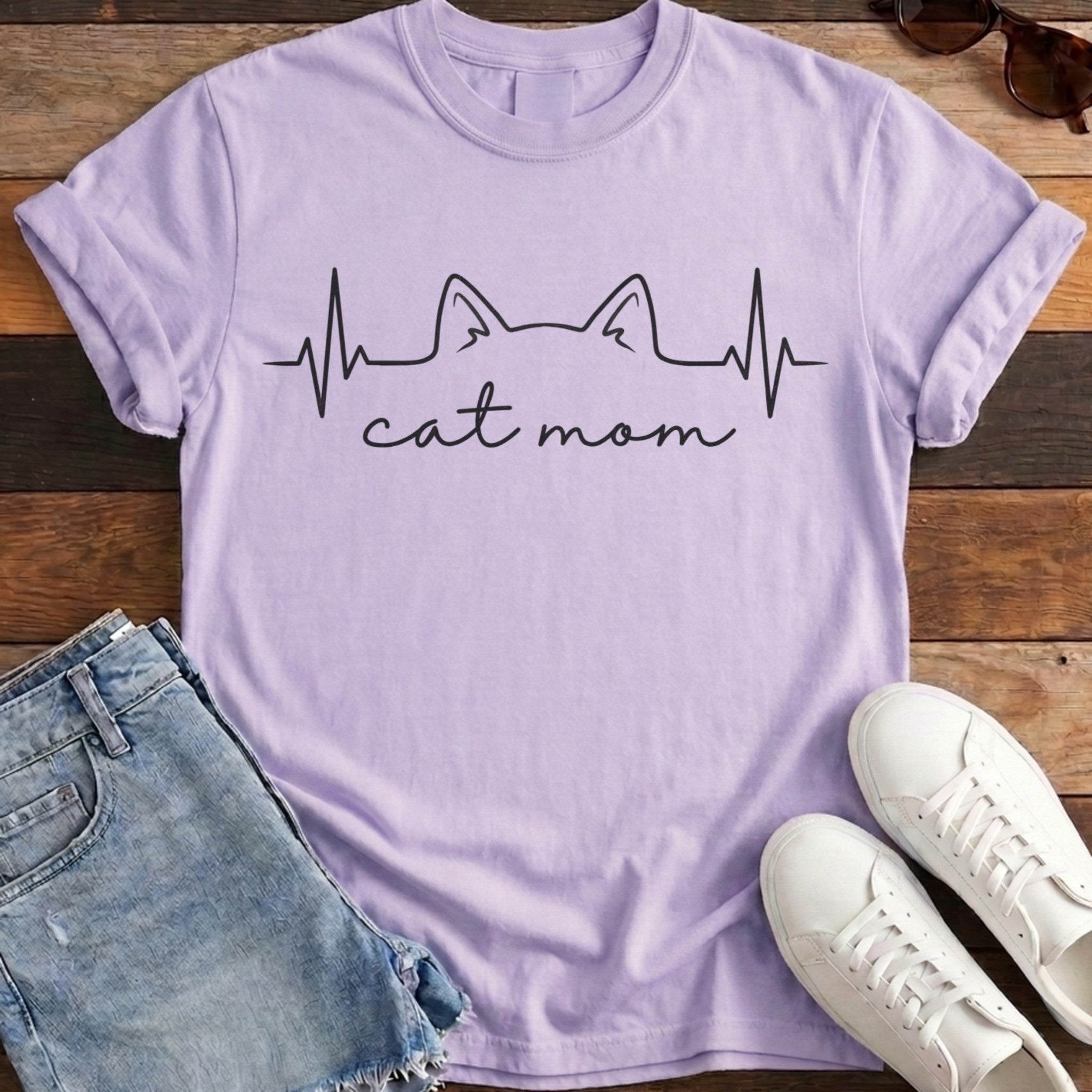 Cat Mom Heartbeat Tee - Orchid