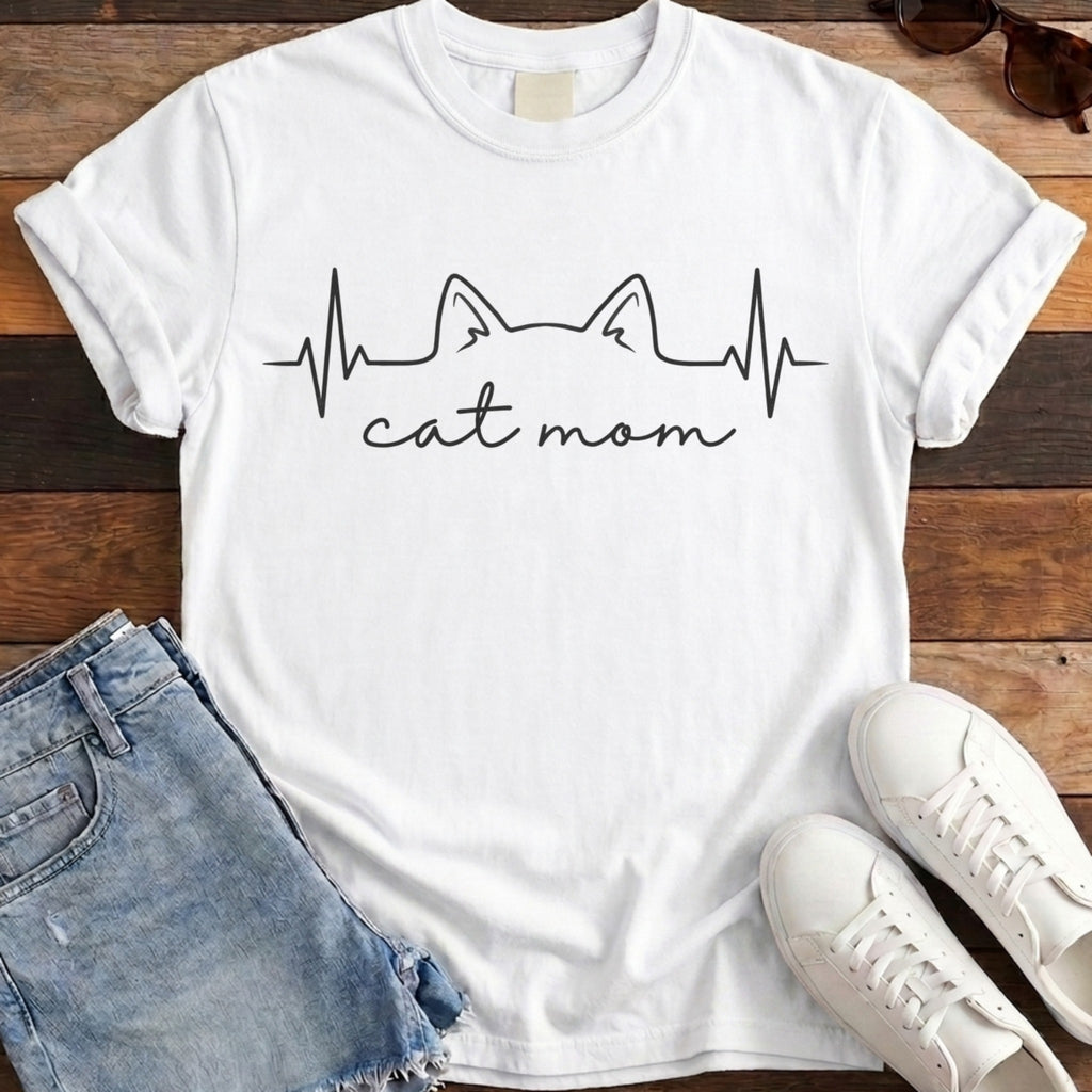 Cat Mom Heartbeat Tee - White