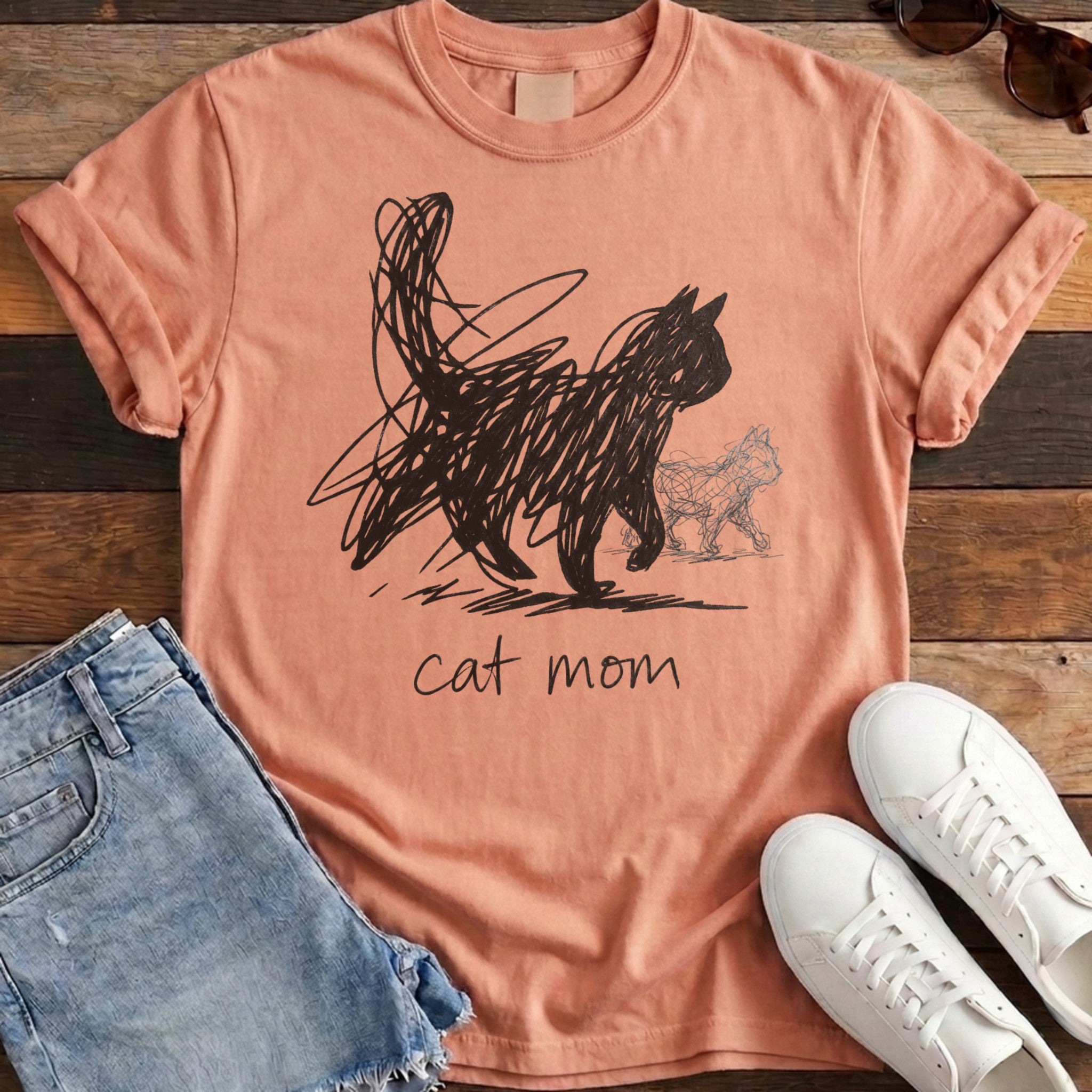 Cat Mom Scribble Tee - Terracotta