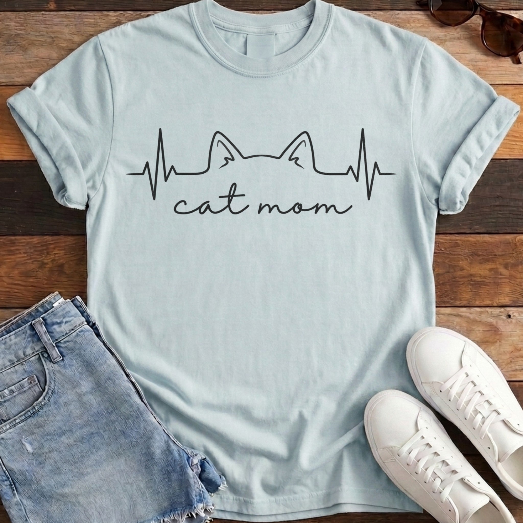 Cat Mom Heartbeat Tee - Chambray