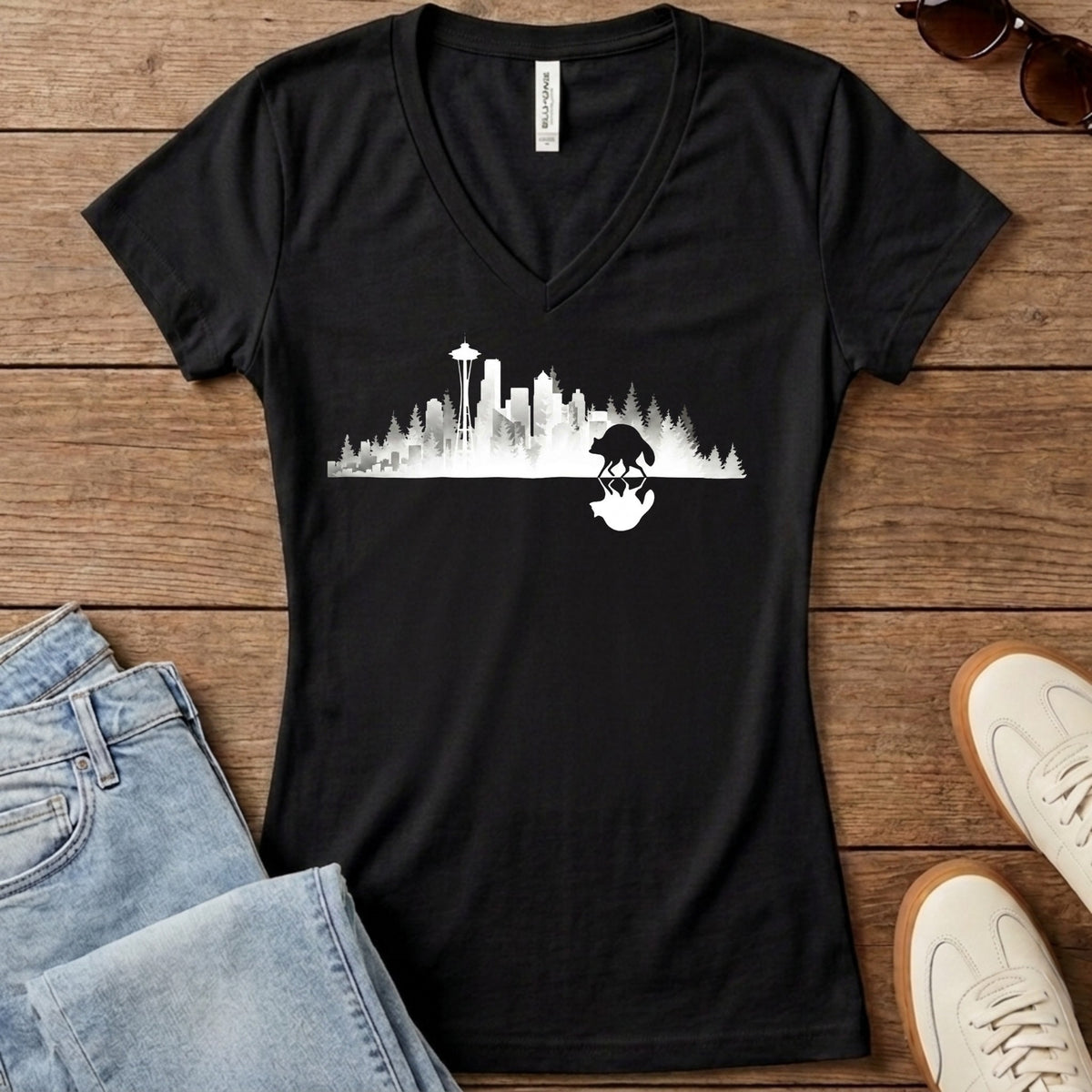 Jimothy Mirrored City Women's V-Neck - Solid Black Blend