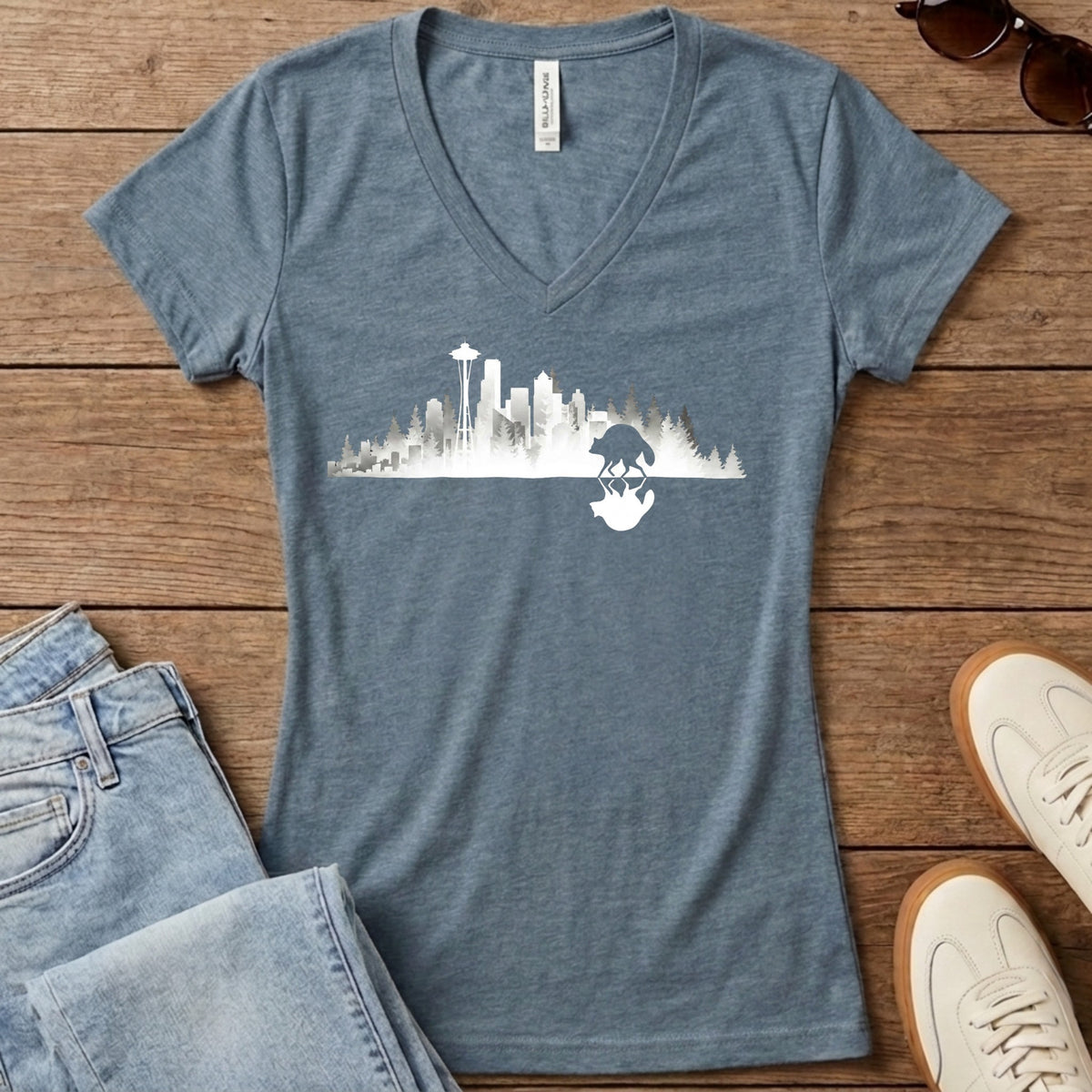 Jimothy Mirrored City Women's V-Neck - Heather Slate