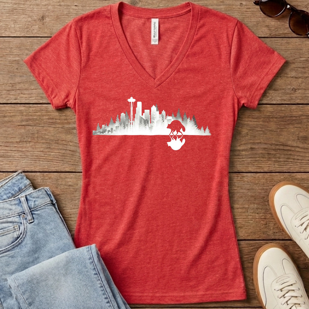 Jimothy Mirrored City Women's V-Neck - Heather Red