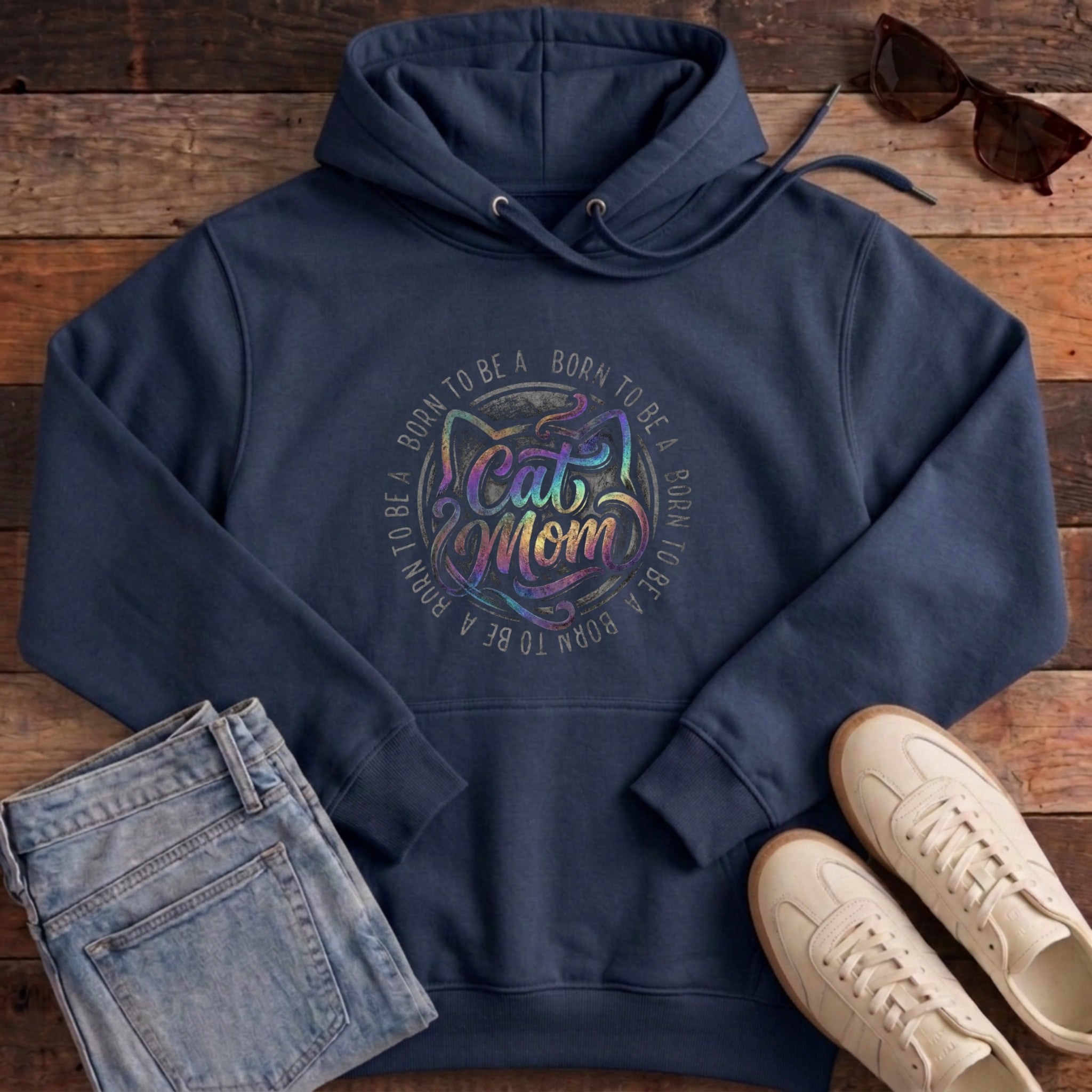 Born To Be A Cat Mom Hoodie - French Navy