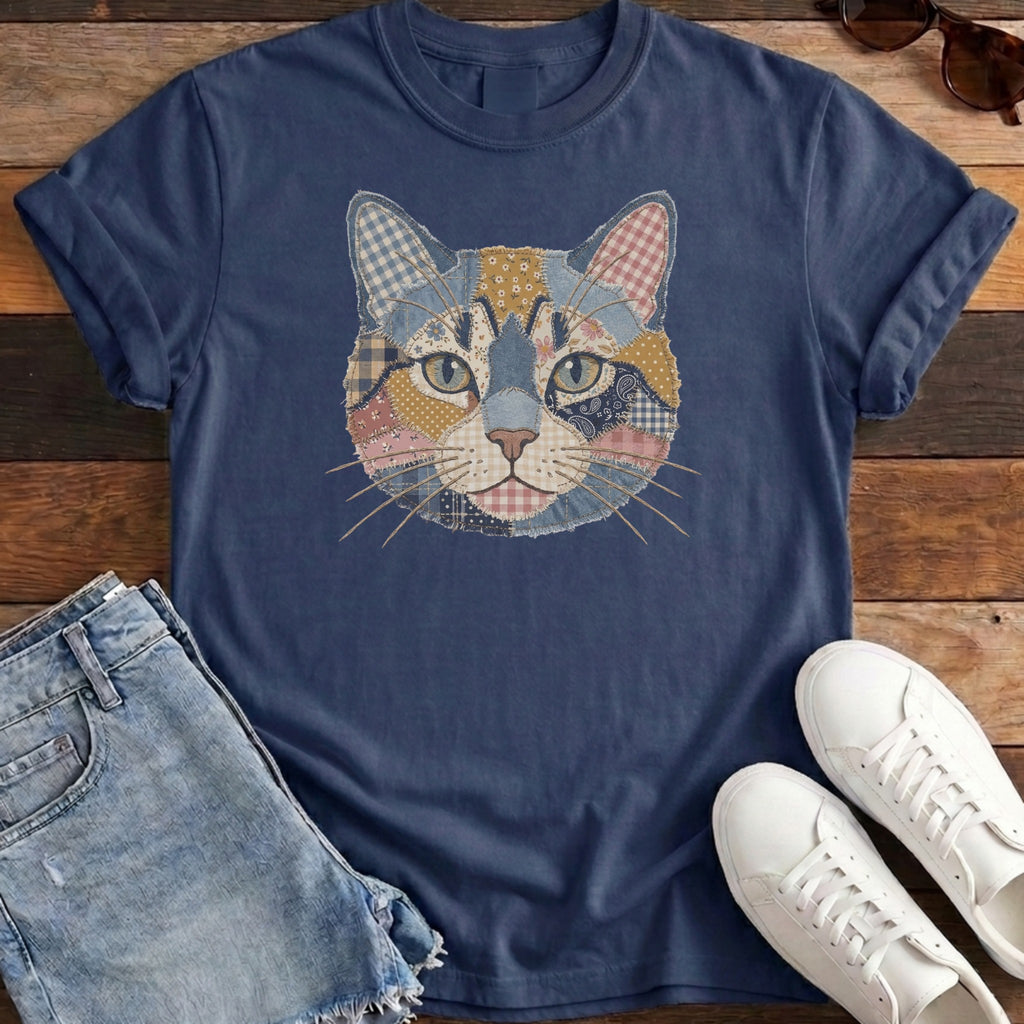 Patchwork Cat Tee - Navy