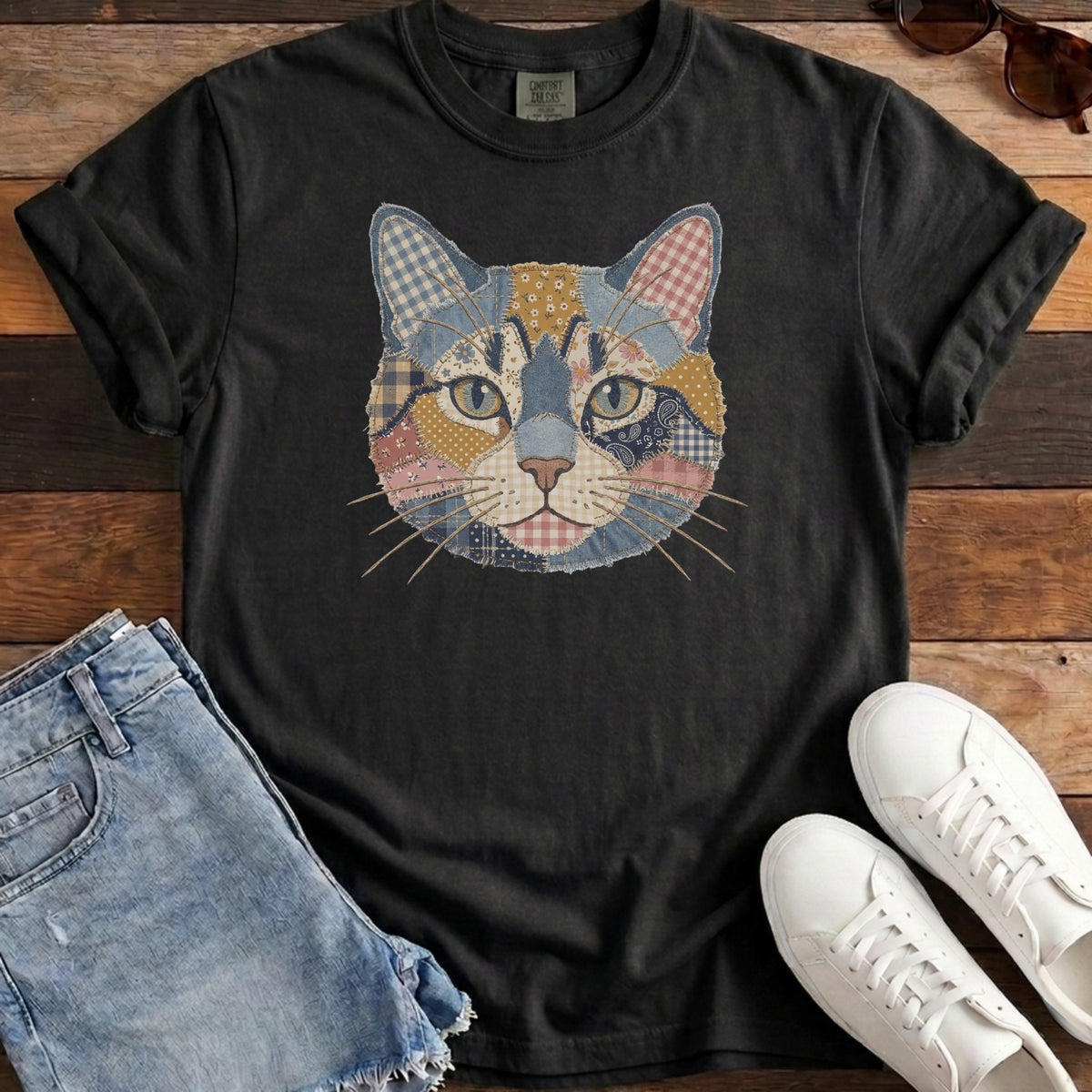 Patchwork Cat Tee - Black