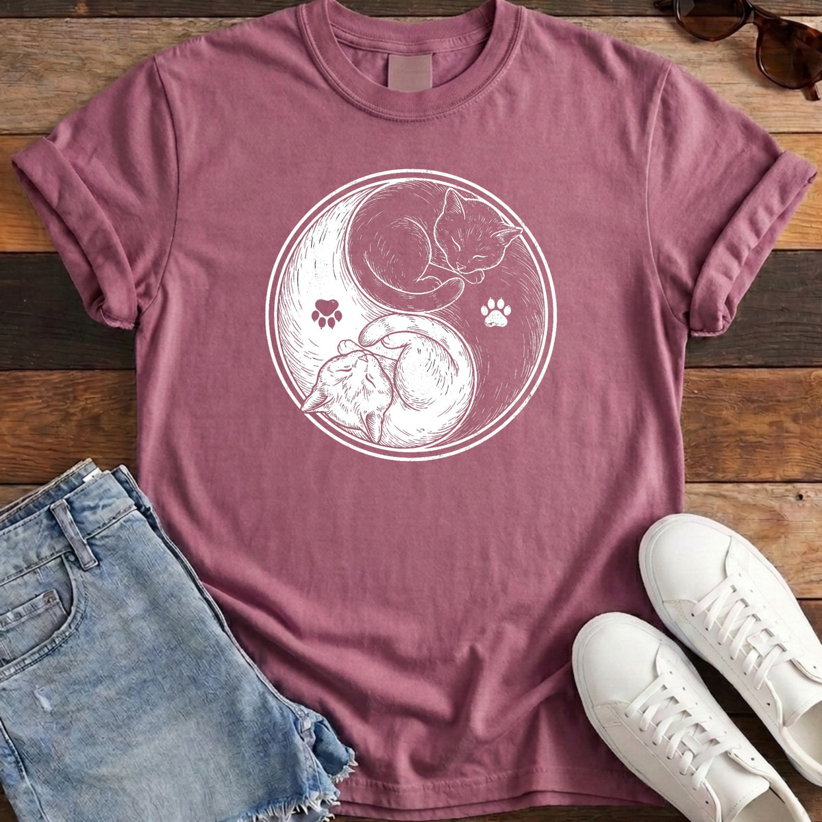 Cat Yin Yang Tee - Berry
