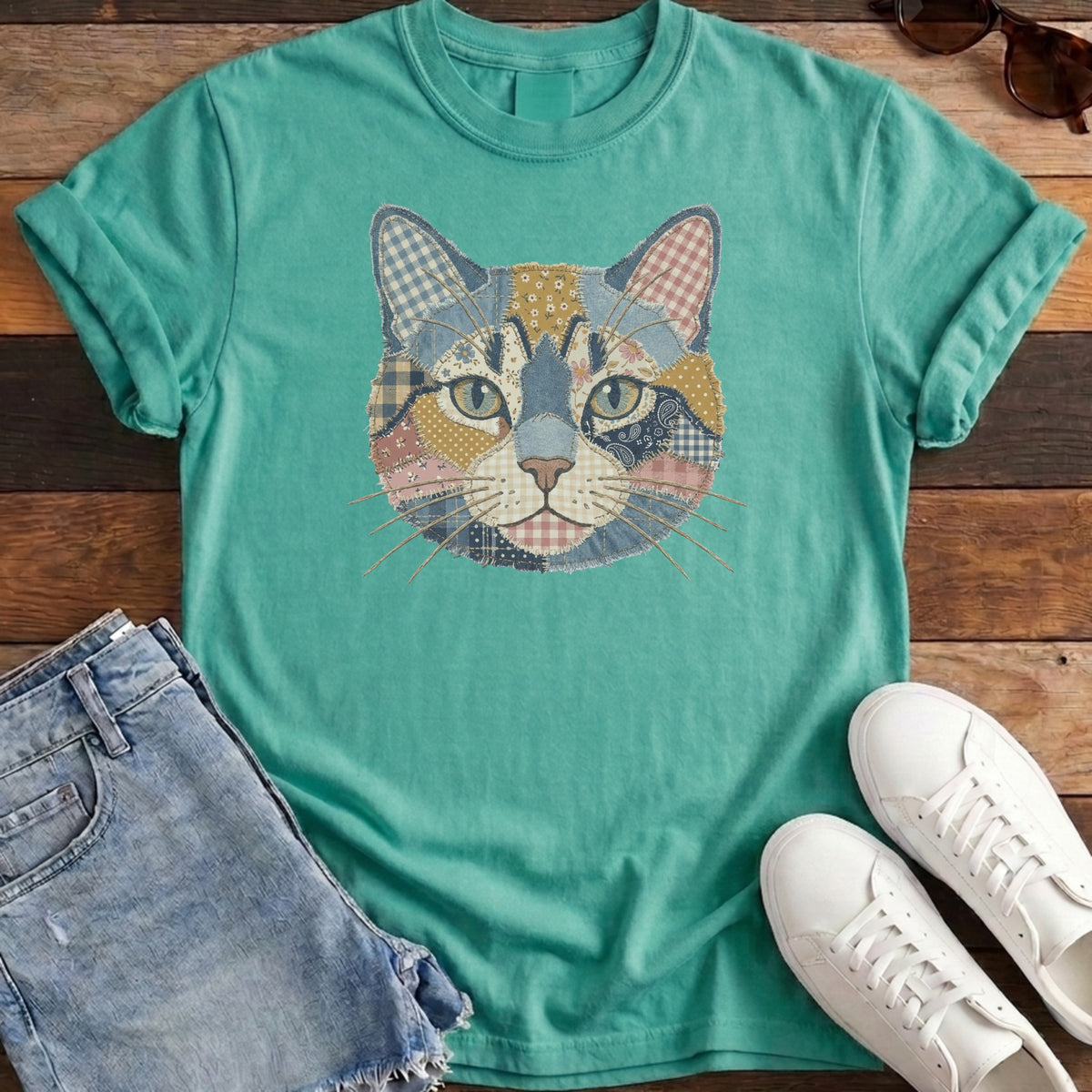 Patchwork Cat Tee - Island Green