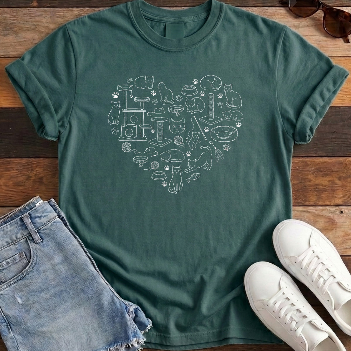 Cat Heart Tee - Blue Spruce