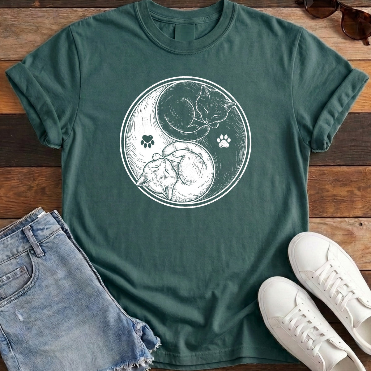 Cat Yin Yang Tee - Blue Spruce