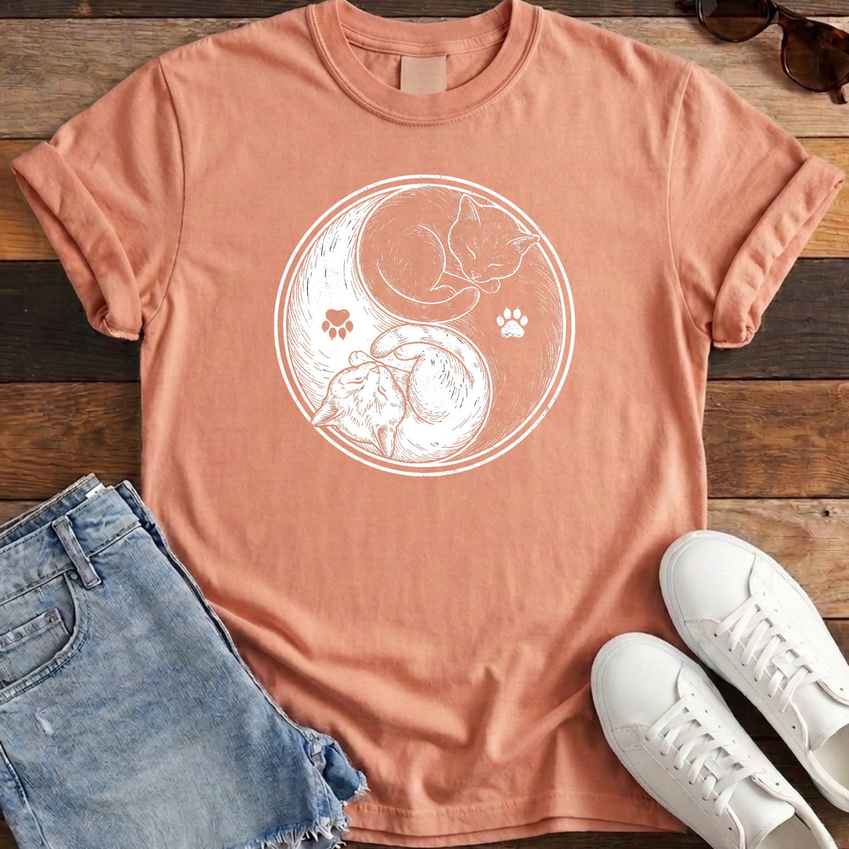 Cat Yin Yang Tee - Terracotta