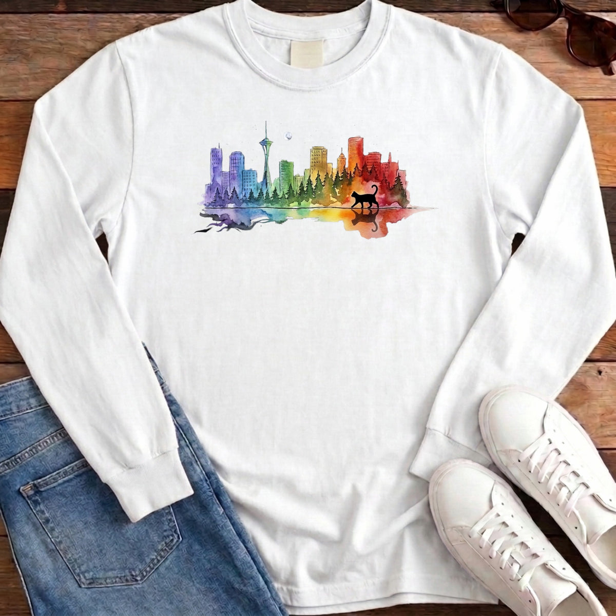 Rainbow City Cat Long Sleeve - White