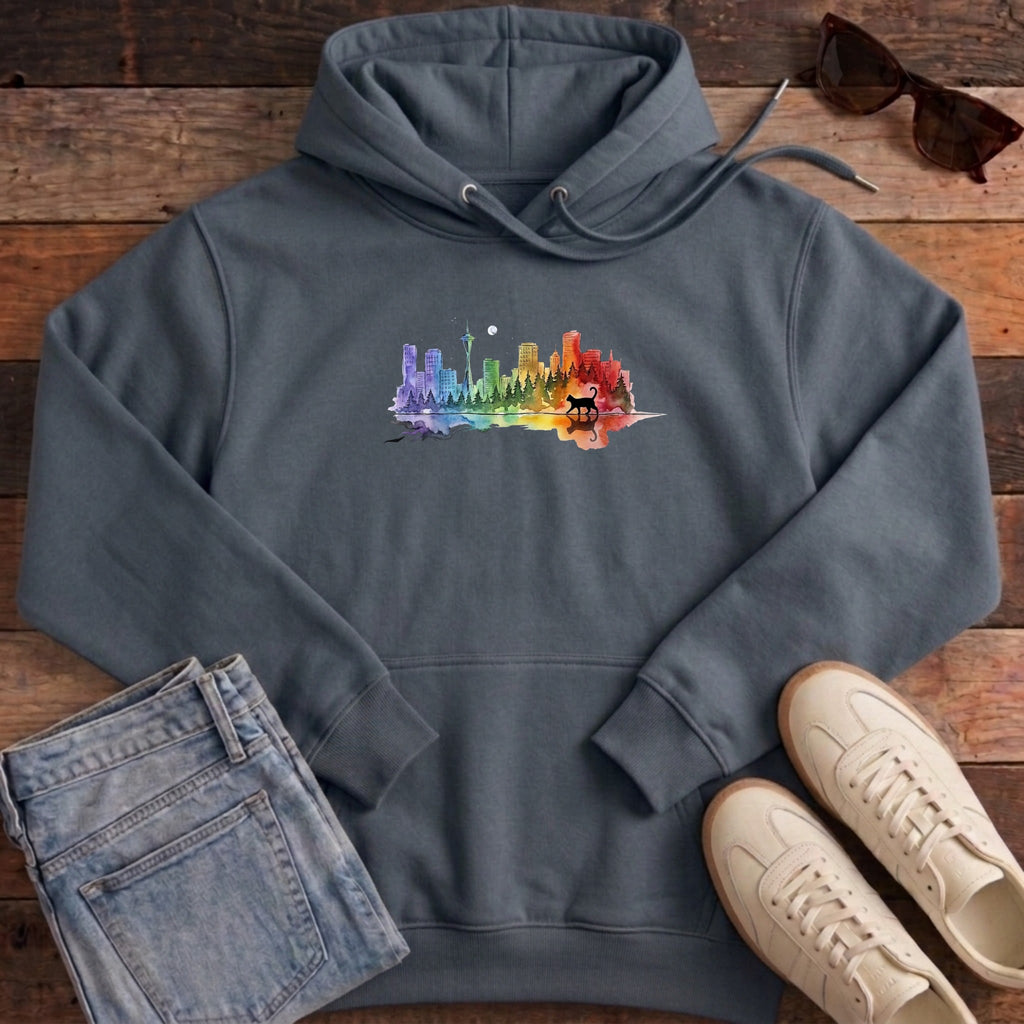 Rainbow City Cat Hoodie - India Ink Grey