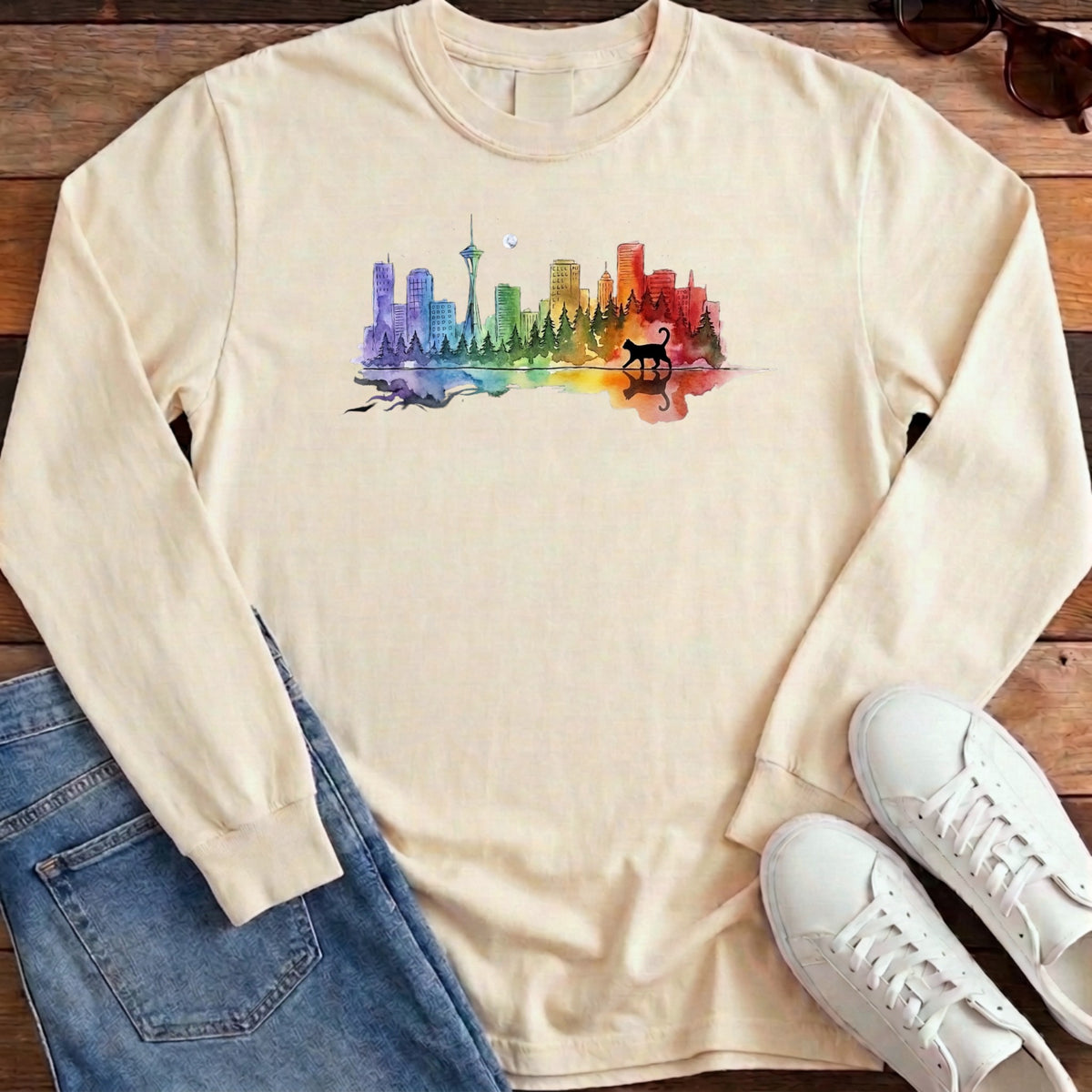 Rainbow City Cat Long Sleeve - Ivory