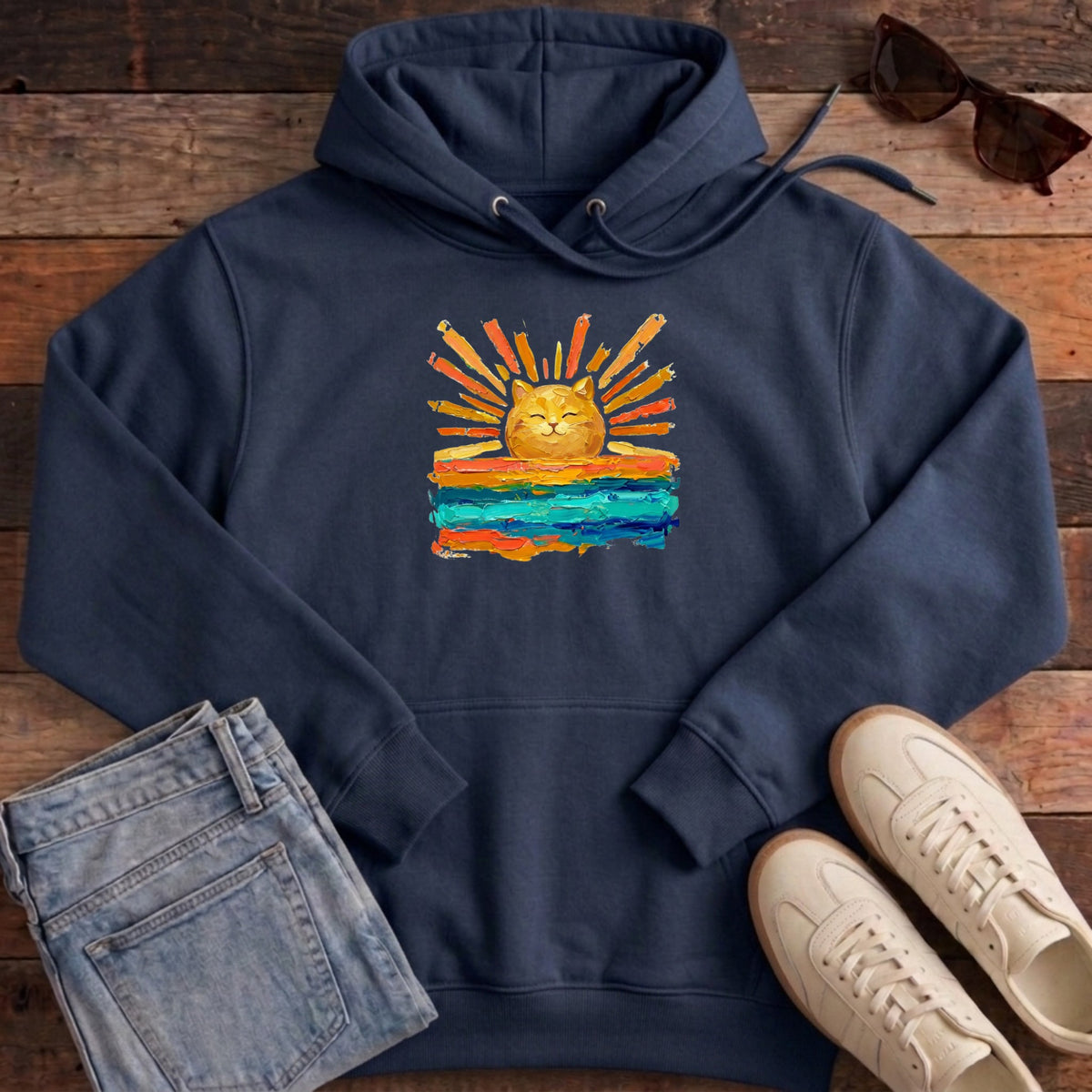 Rise and Shine Cat Hoodie - French Navy