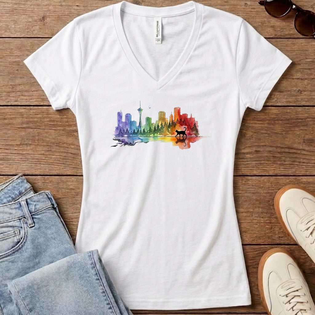 Rainbow City Cat Women's V-Neck - Solid White Blend