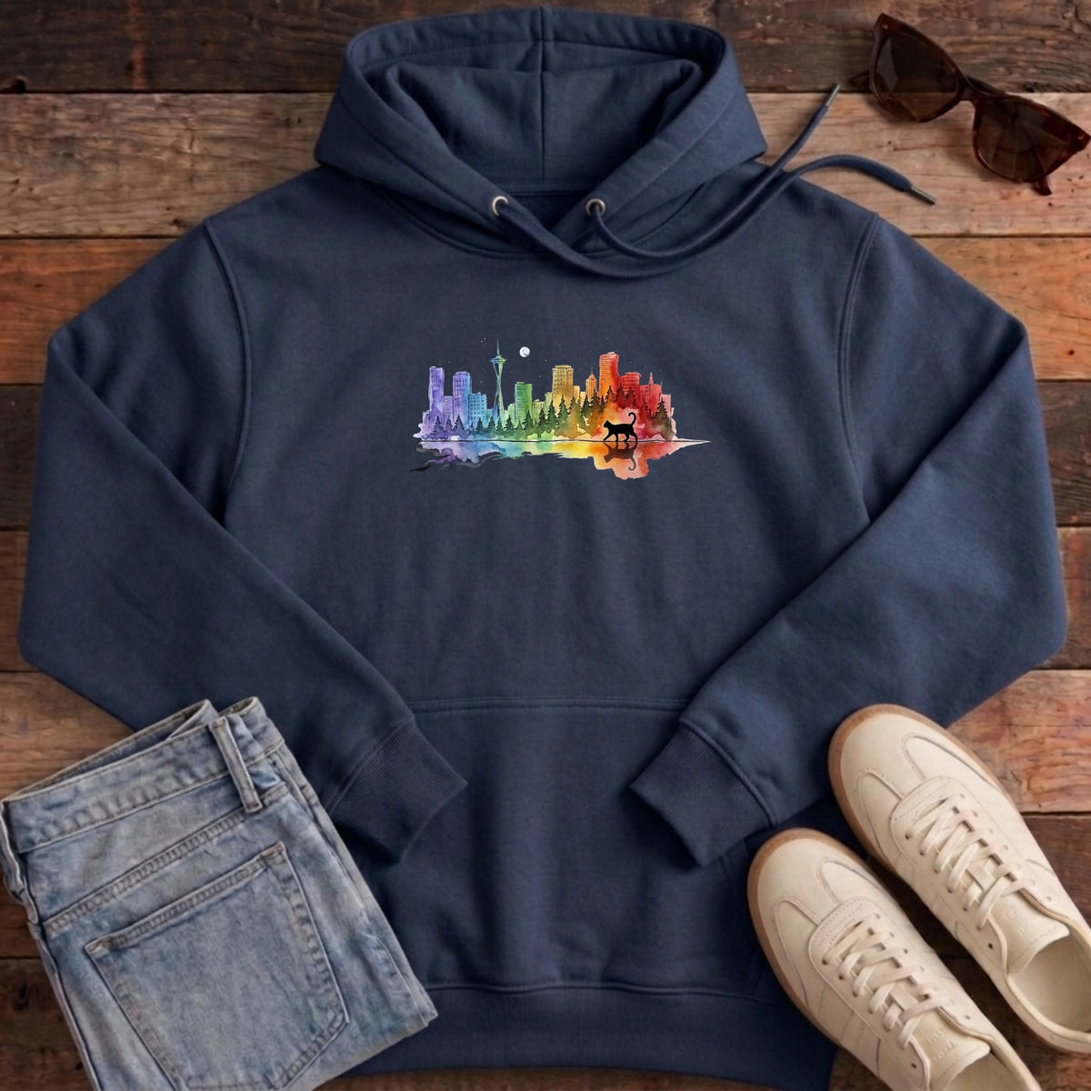 Rainbow City Cat Hoodie - French Navy