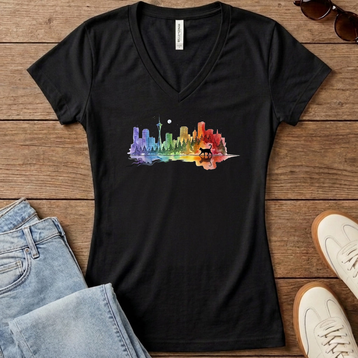 Rainbow City Cat Women's V-Neck - Solid Black Blend