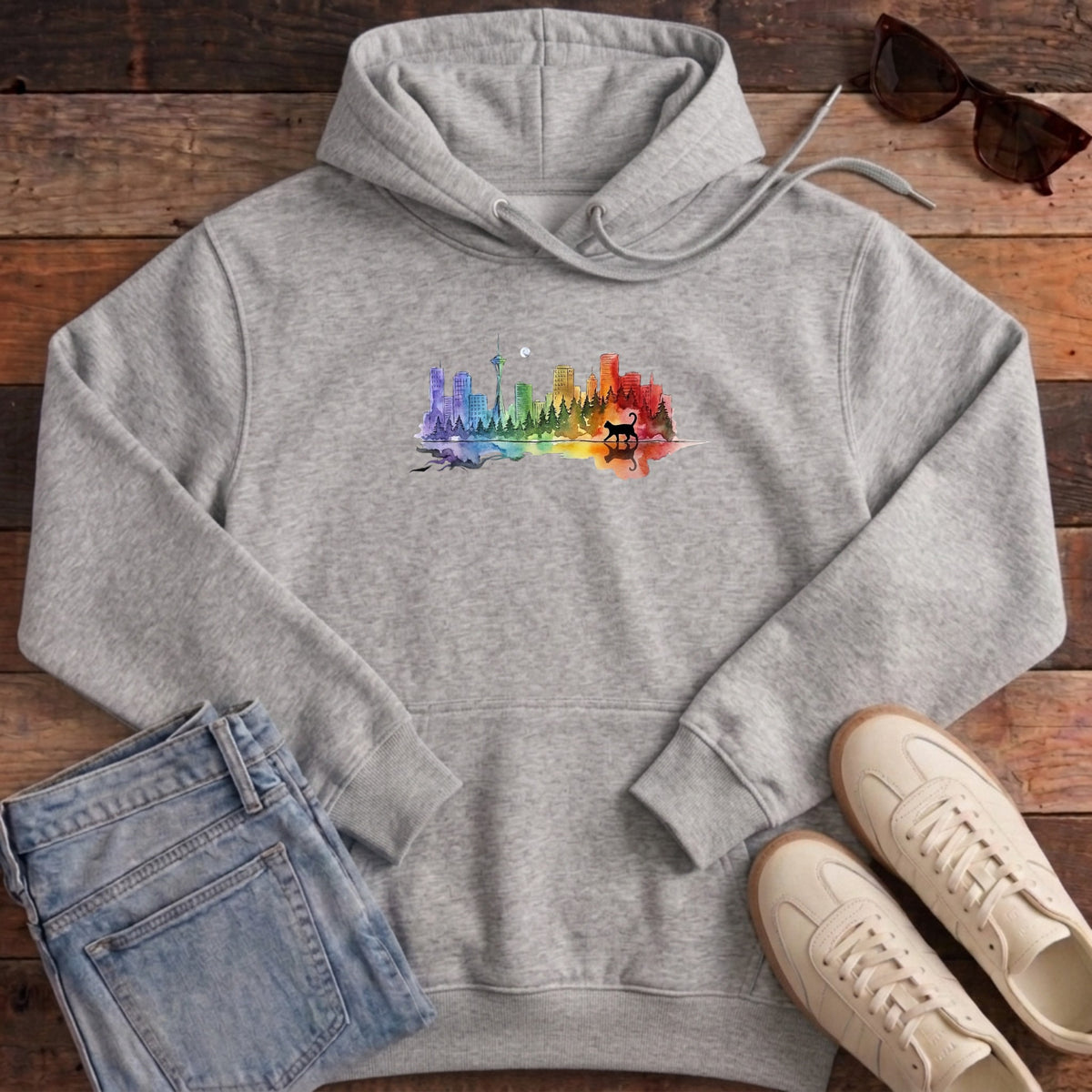 Rainbow City Cat Hoodie - Heather Grey