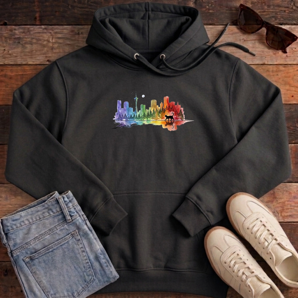 Rainbow City Cat Hoodie - Black
