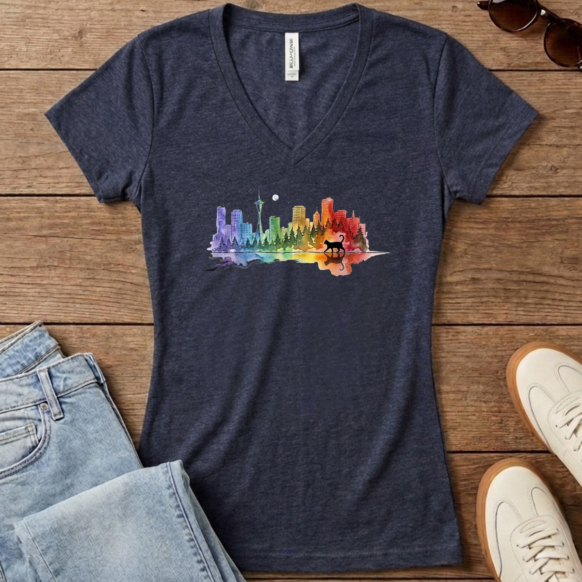 Rainbow City Cat Women's V-Neck - Heather Navy