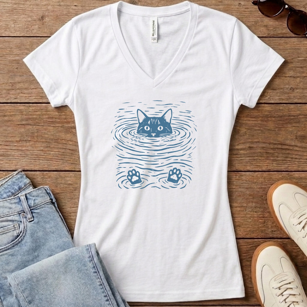 Water Cat Women's V-Neck - Solid White Blend