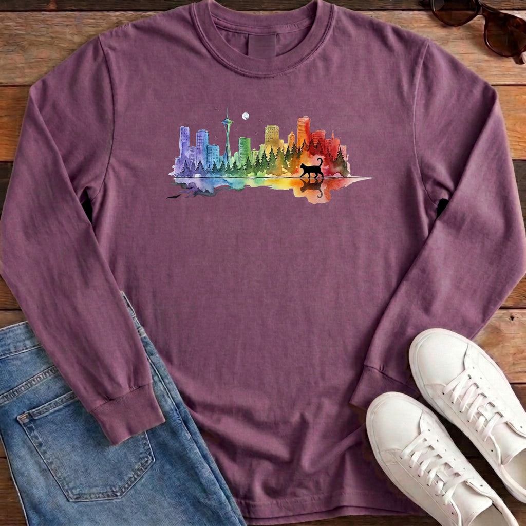 Rainbow City Cat Long Sleeve - Berry