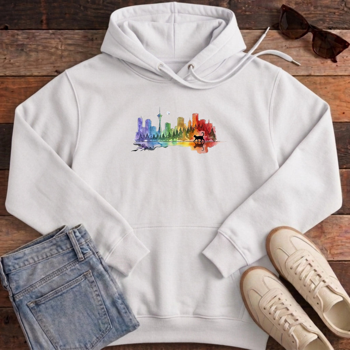 Rainbow City Cat Hoodie - White