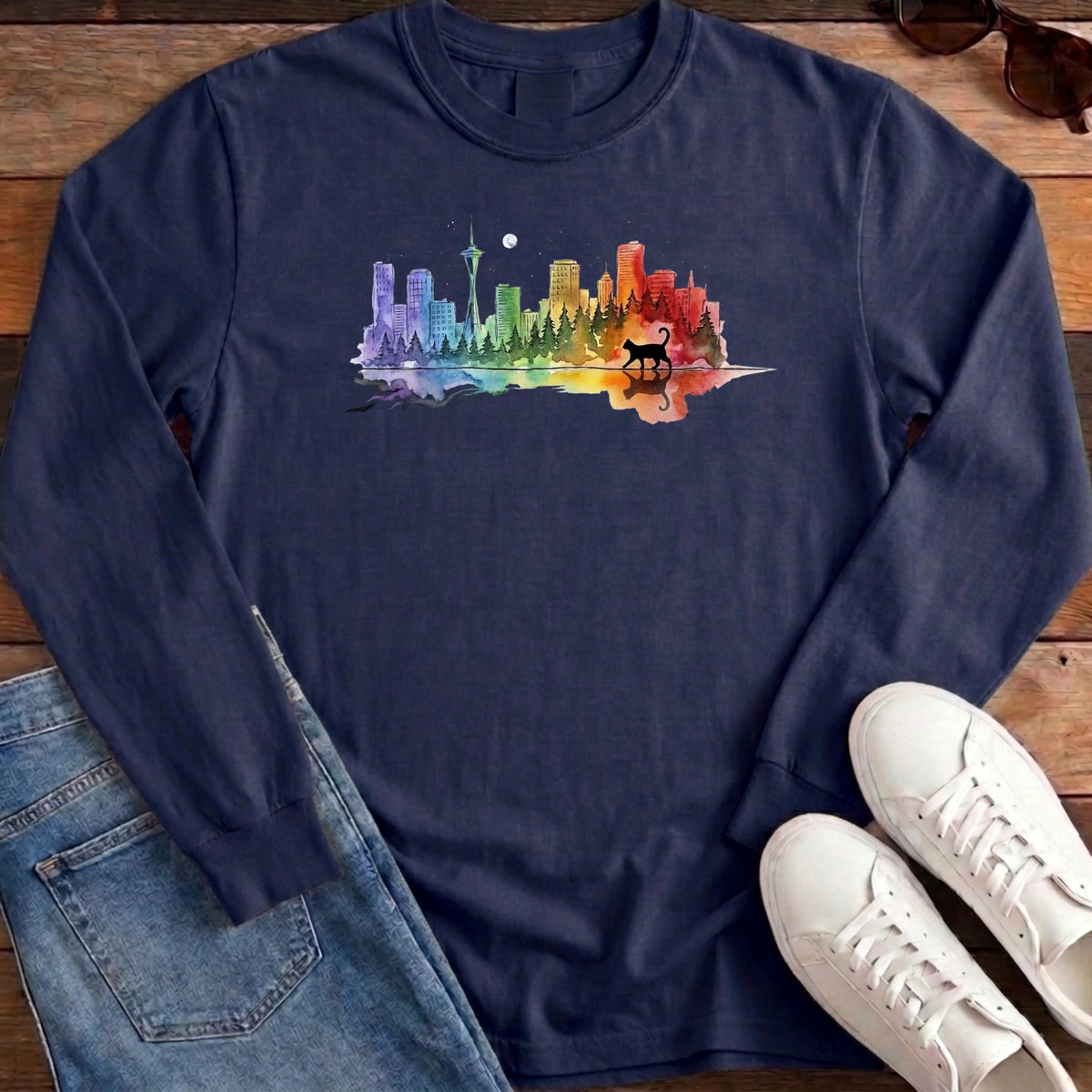 Rainbow City Cat Long Sleeve - True Navy