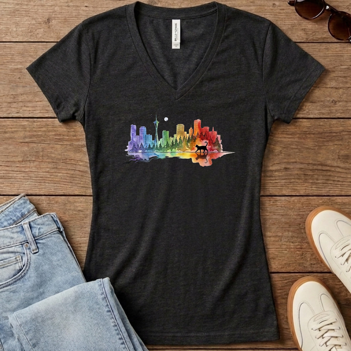 Rainbow City Cat Women's V-Neck - Dark Grey Heather