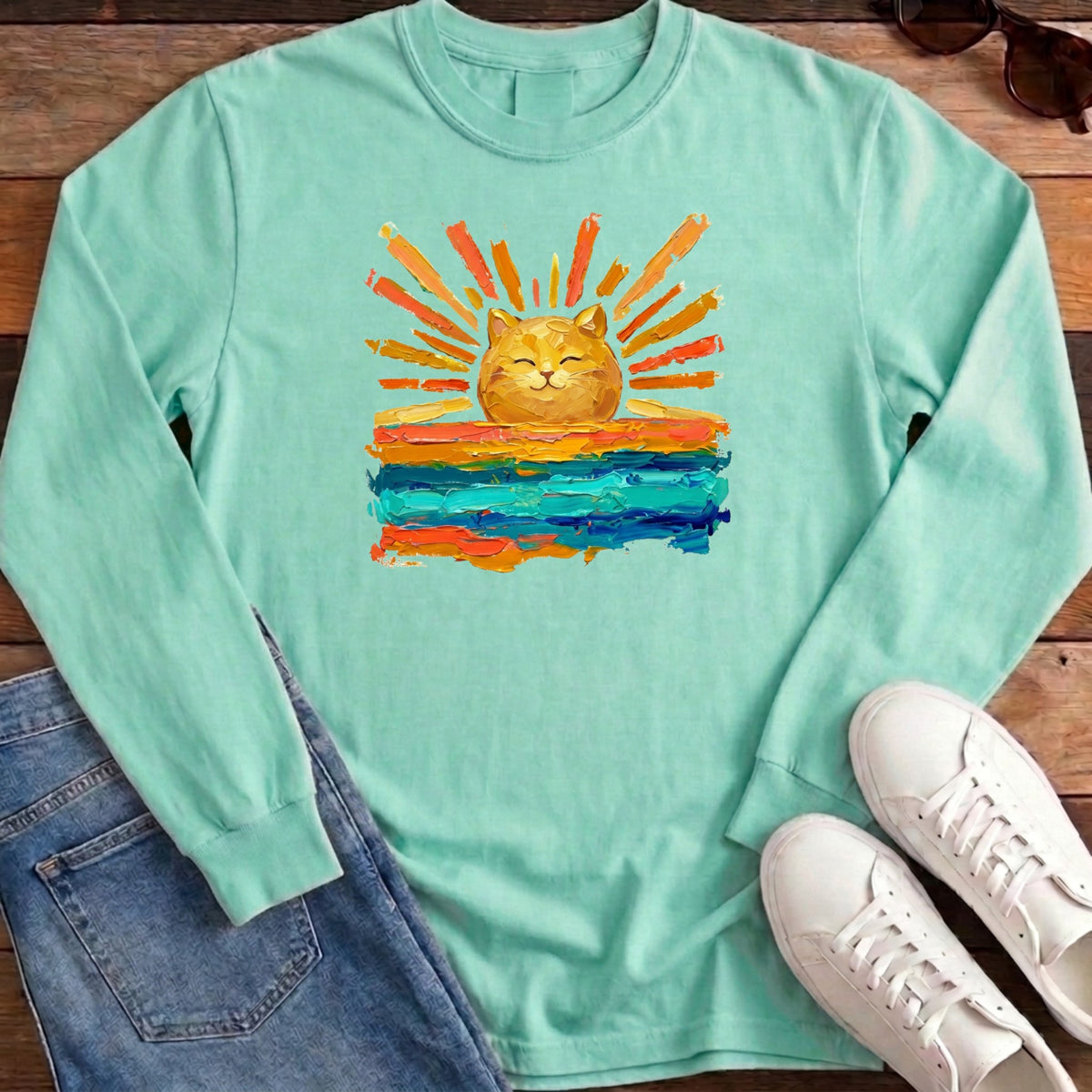 Rise and Shine Cat Long Sleeve - Island Reef