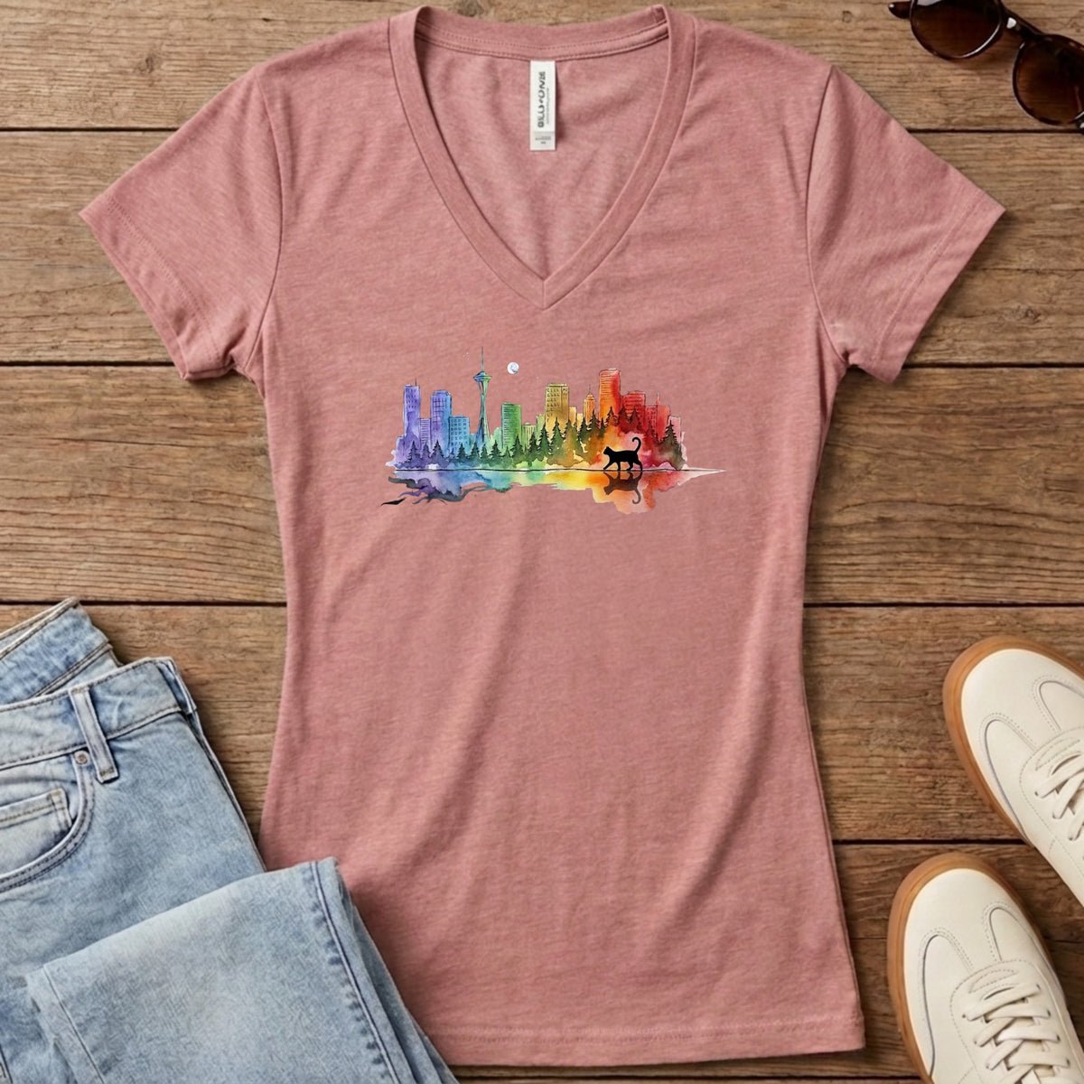 Rainbow City Cat Women's V-Neck - Heather Mauve