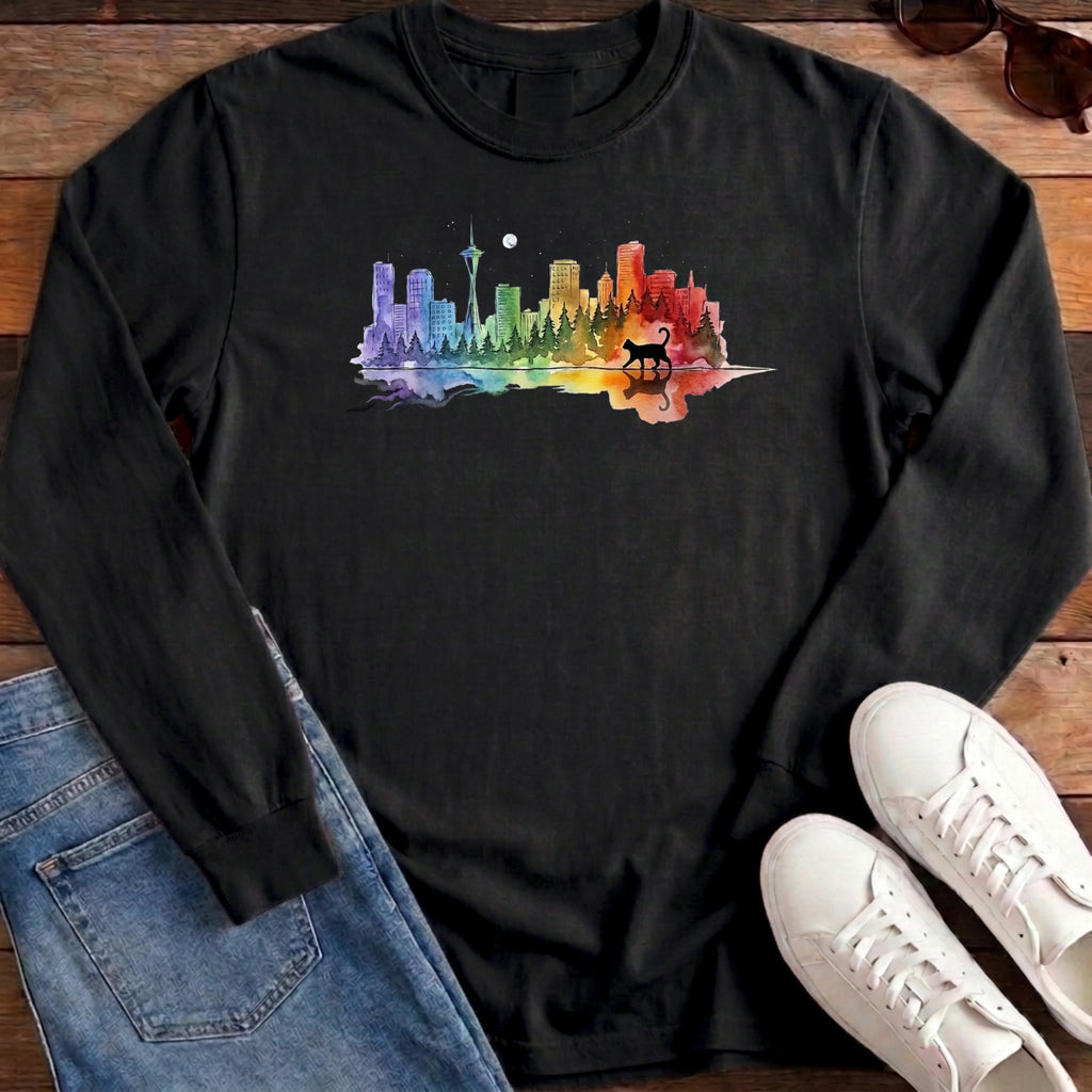 Rainbow City Cat Long Sleeve - Black