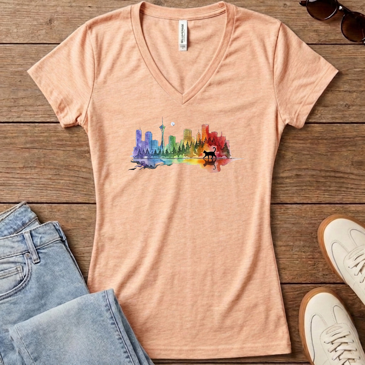 Rainbow City Cat Women's V-Neck - Heather Peach
