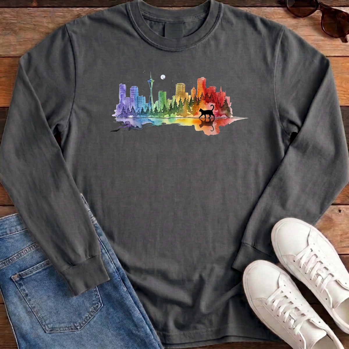 Rainbow City Cat Long Sleeve - Pepper