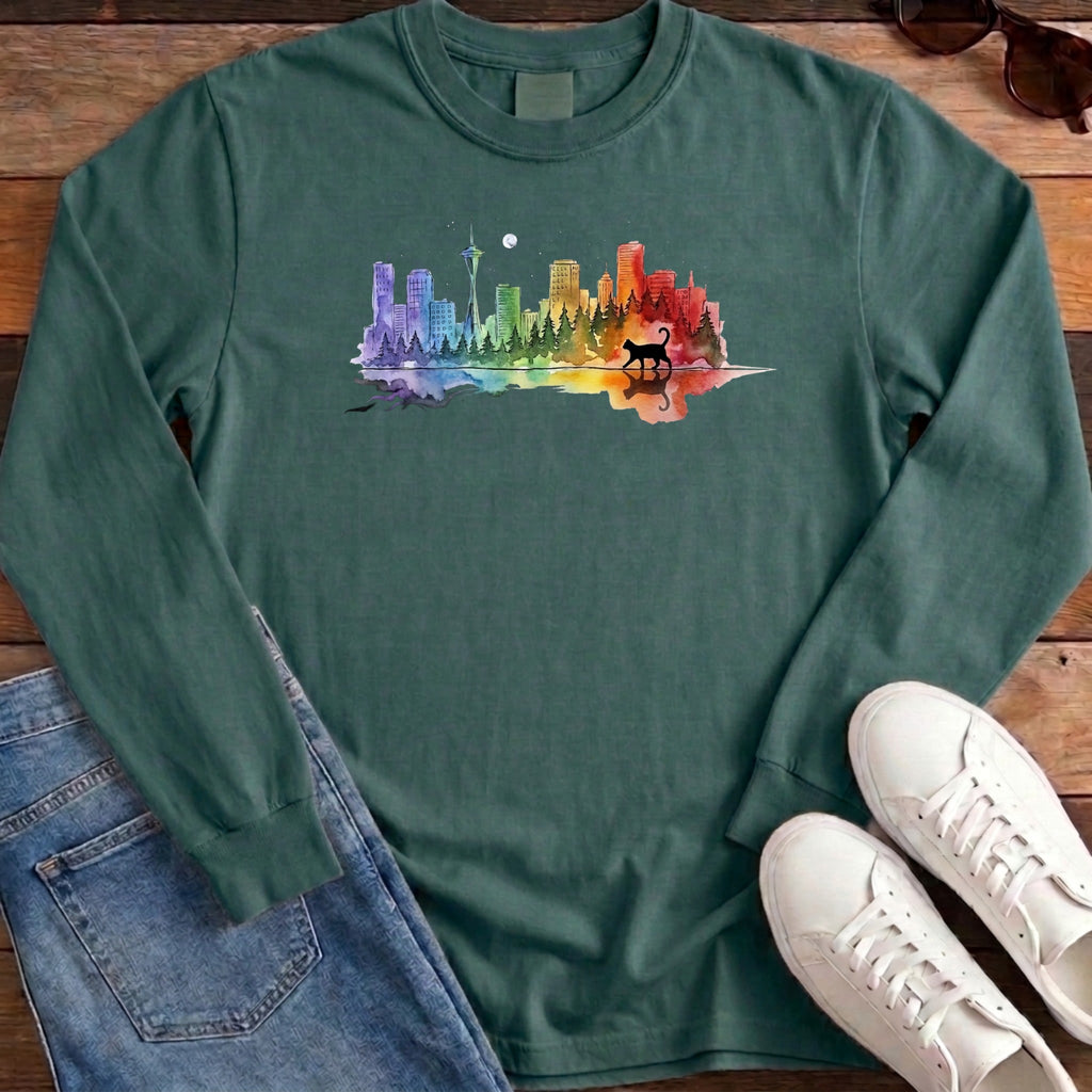 Rainbow City Cat Long Sleeve - Blue Spruce