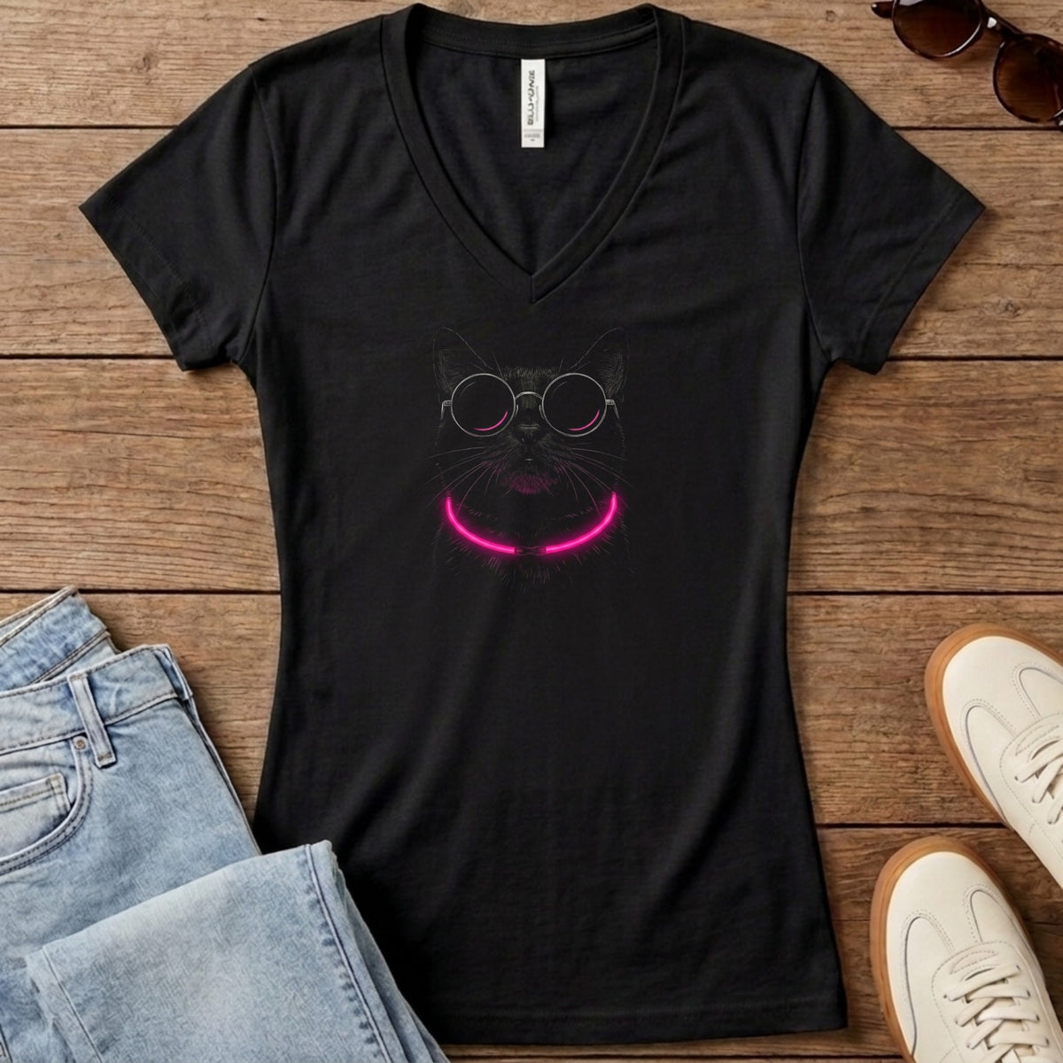 Rave Cat Women's V-Neck - Solid Black Blend
