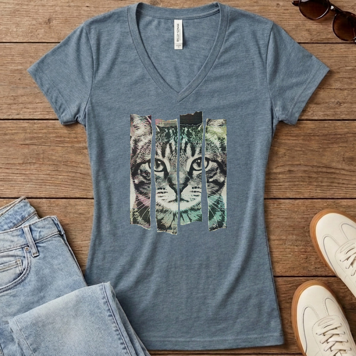 Torn Strip Tabby Women's V-Neck - Heather Slate