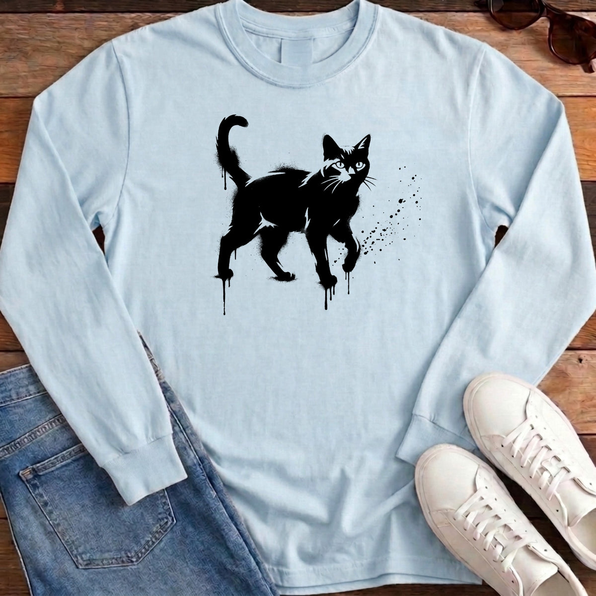 Street Stencil Cat Long Sleeve - Chambray