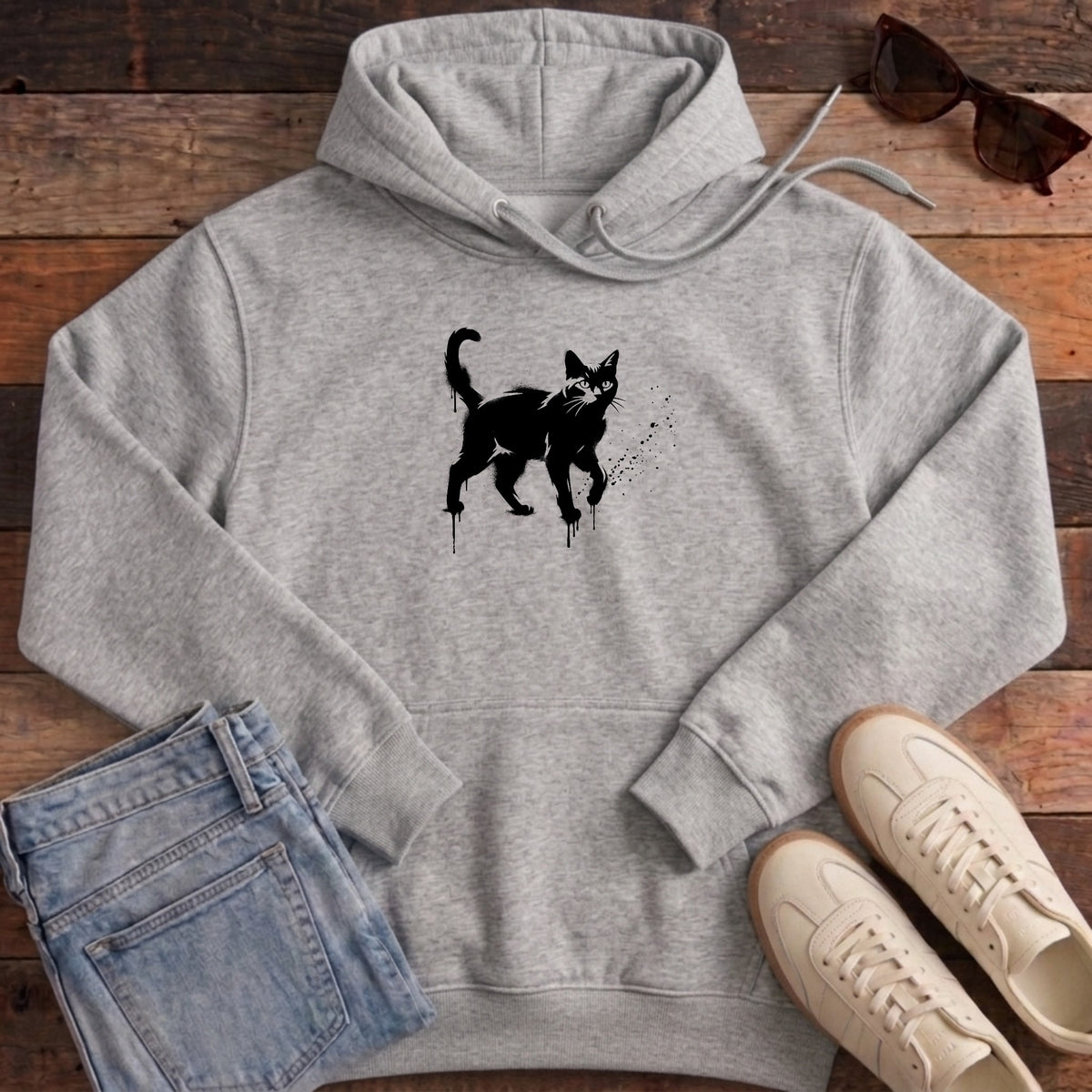 Street Stencil Cat Hoodie - Heather Grey