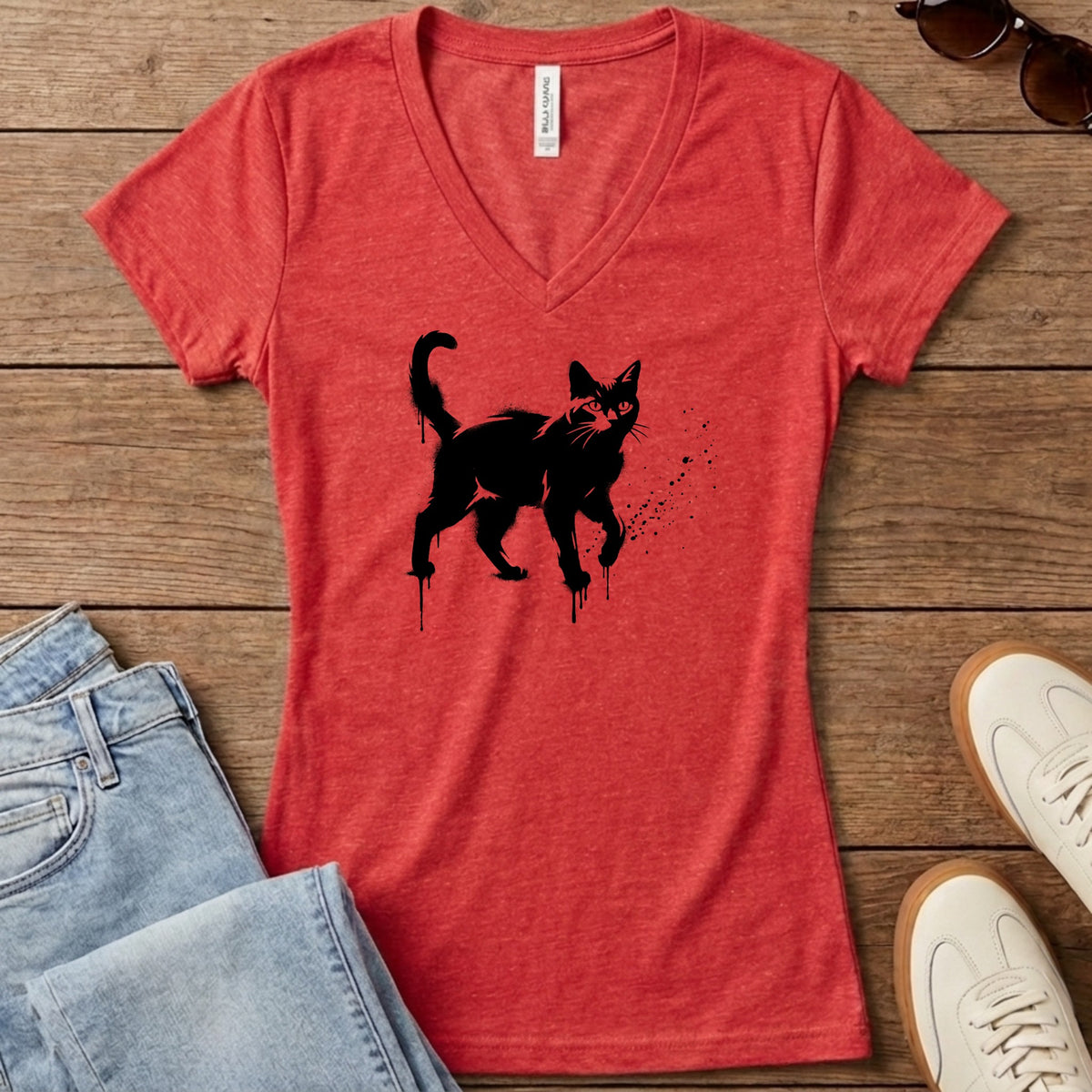Street Stencil Cat Women's V-Neck - Heather Red